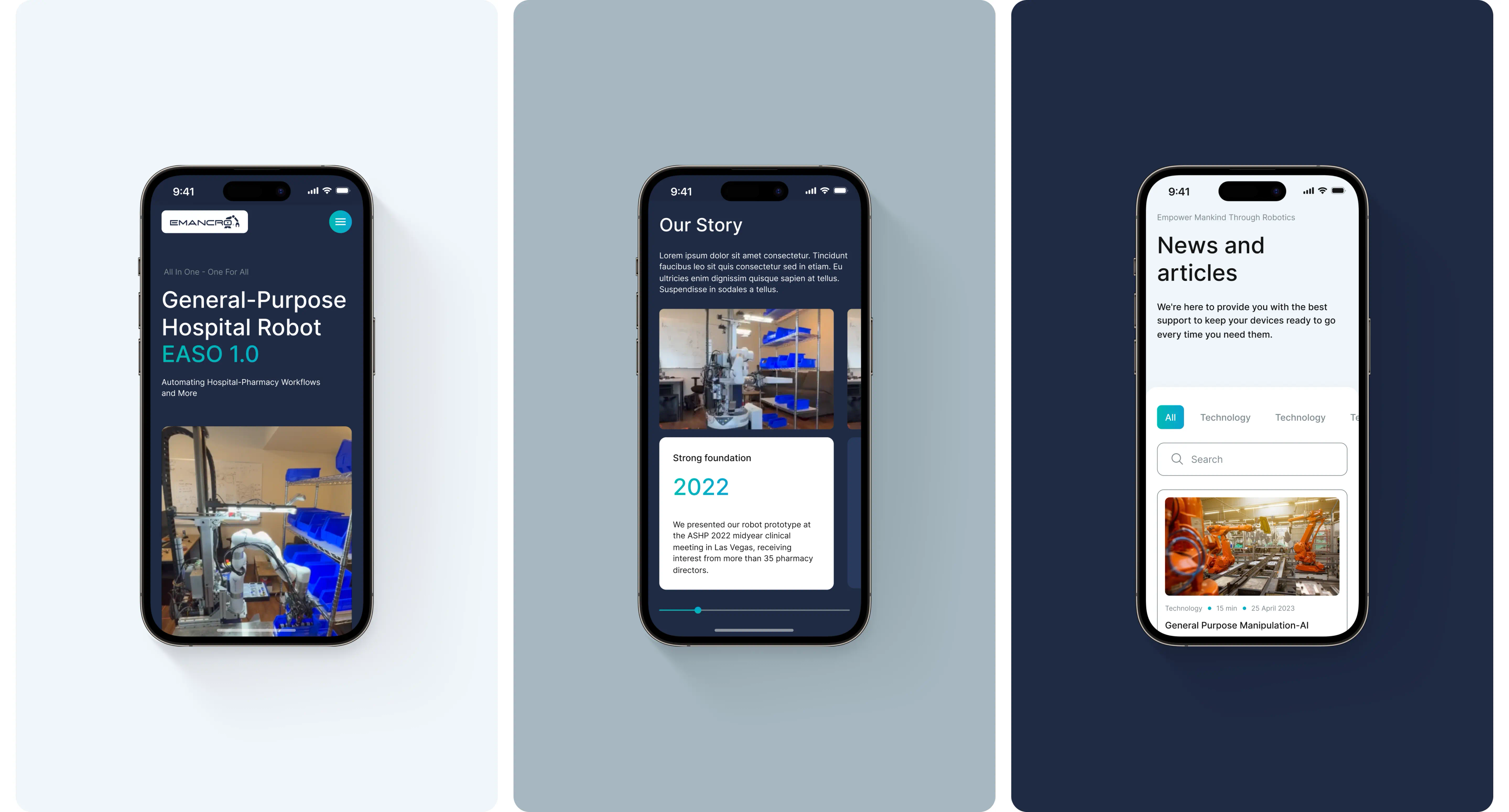 Emancro mobile screens: EASO 1.0 hero, Our Story timeline and News and articles