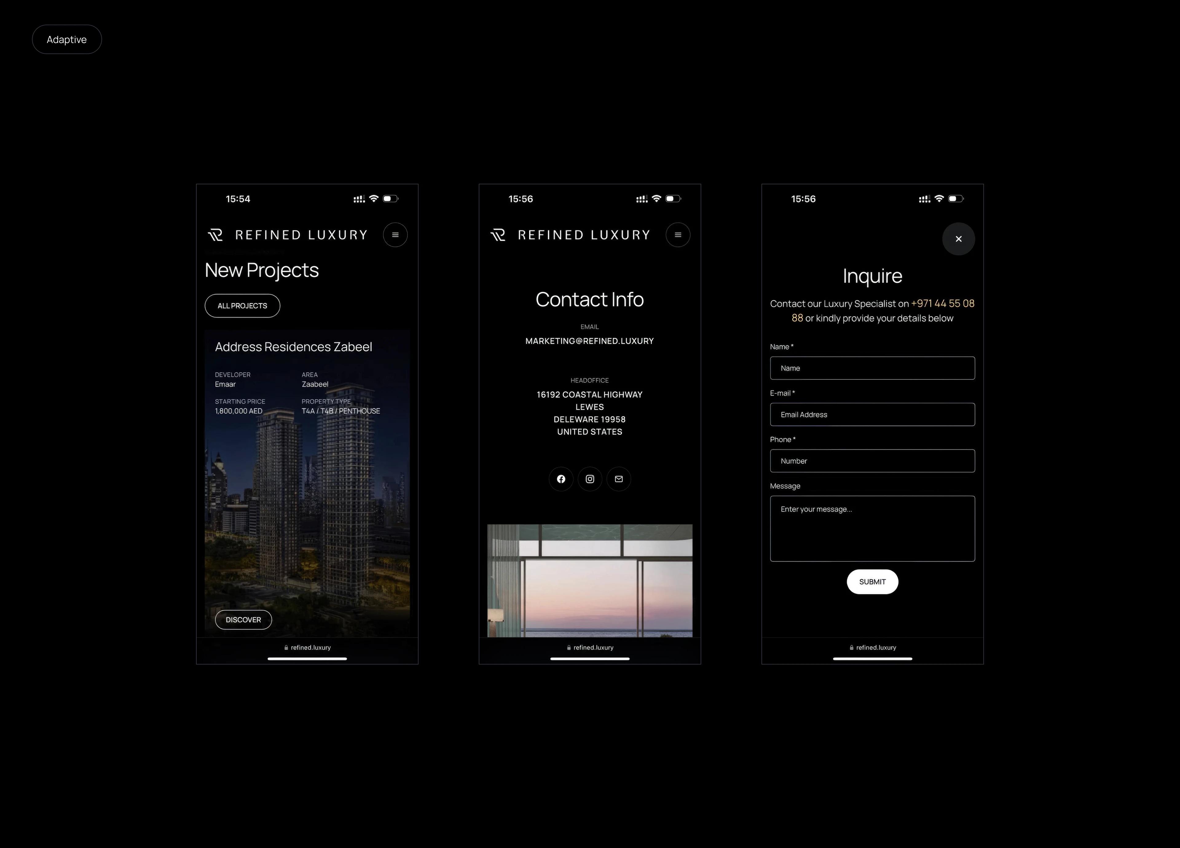 Refined Luxury mobile screens: new projects, contact info and inquiry form