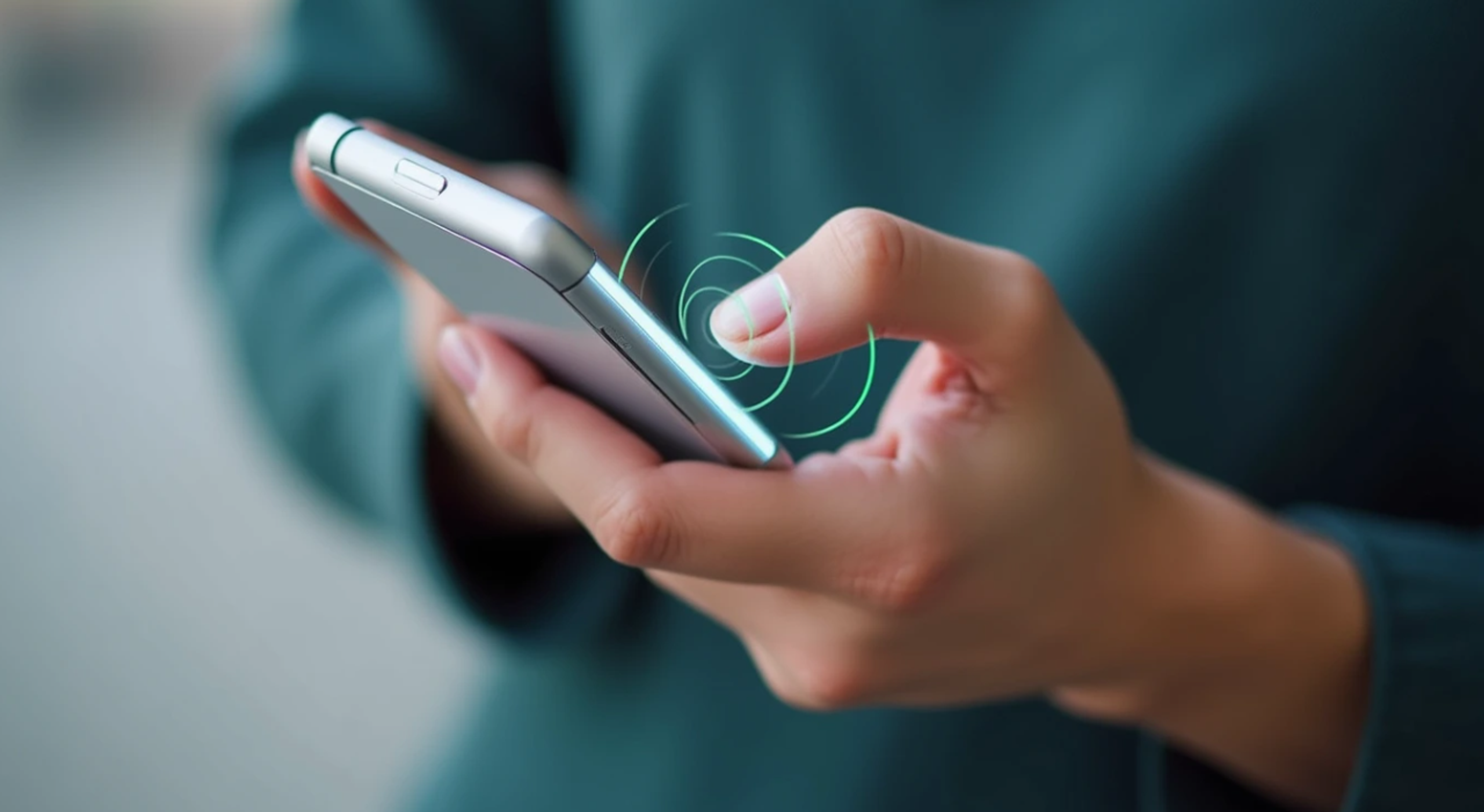 Thumb tapping a phone within easy reach, with a touch feedback ripple