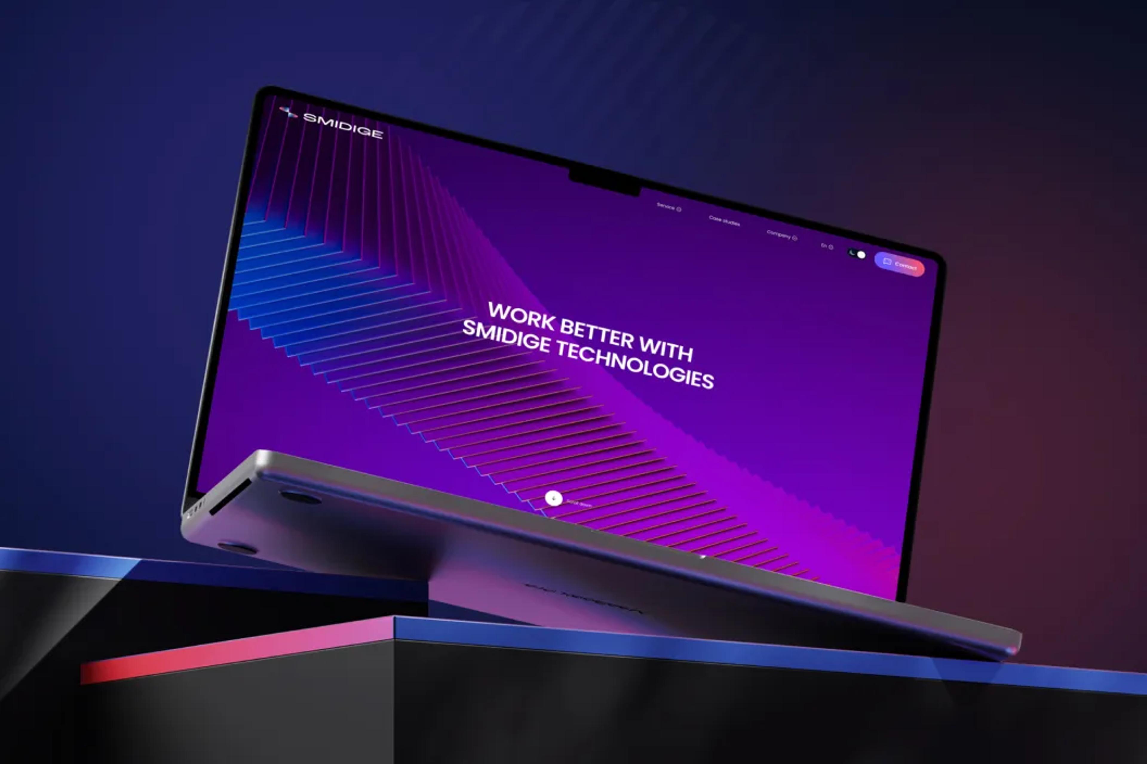 Modern laptop displaying creative design and development studio website, Smidge Technologies, on purple background.