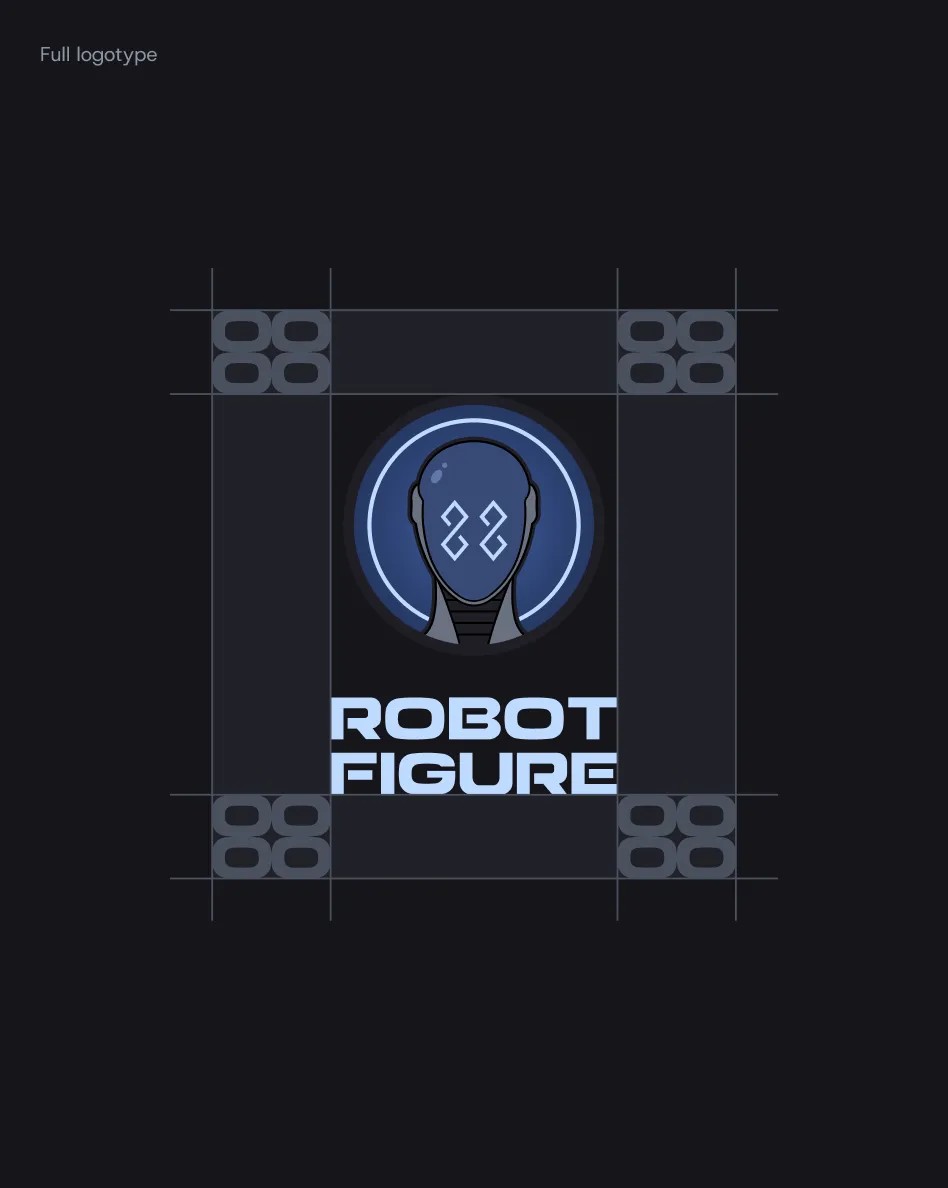 Robot Figure full logotype: mascot head badge above the wordmark on a clear-space grid