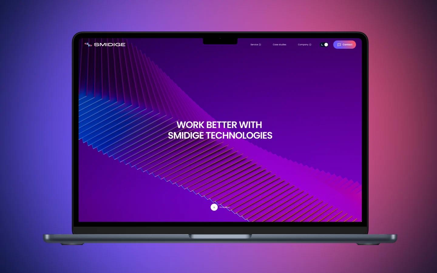 Smidge Technologies SaaS website shown on laptop with 3D background and hero section headline.