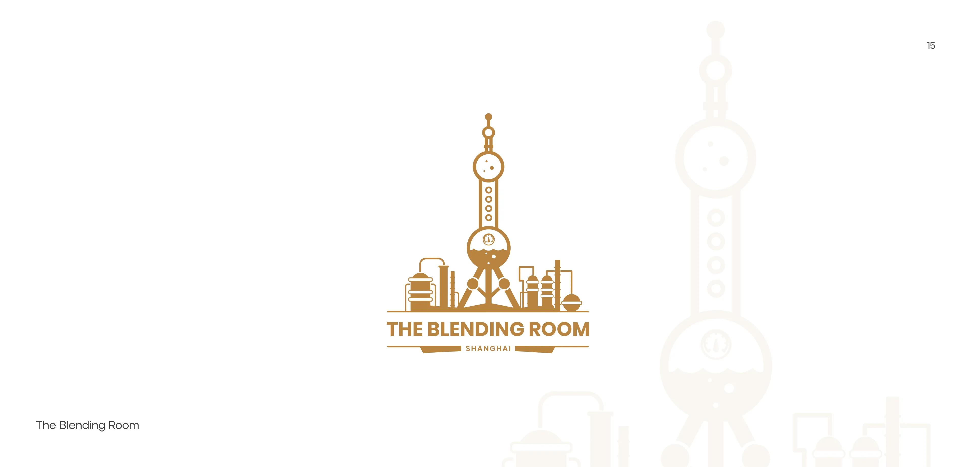 The Blending Room Shanghai logo: gold line art of the Oriental Pearl Tower and distillery stills