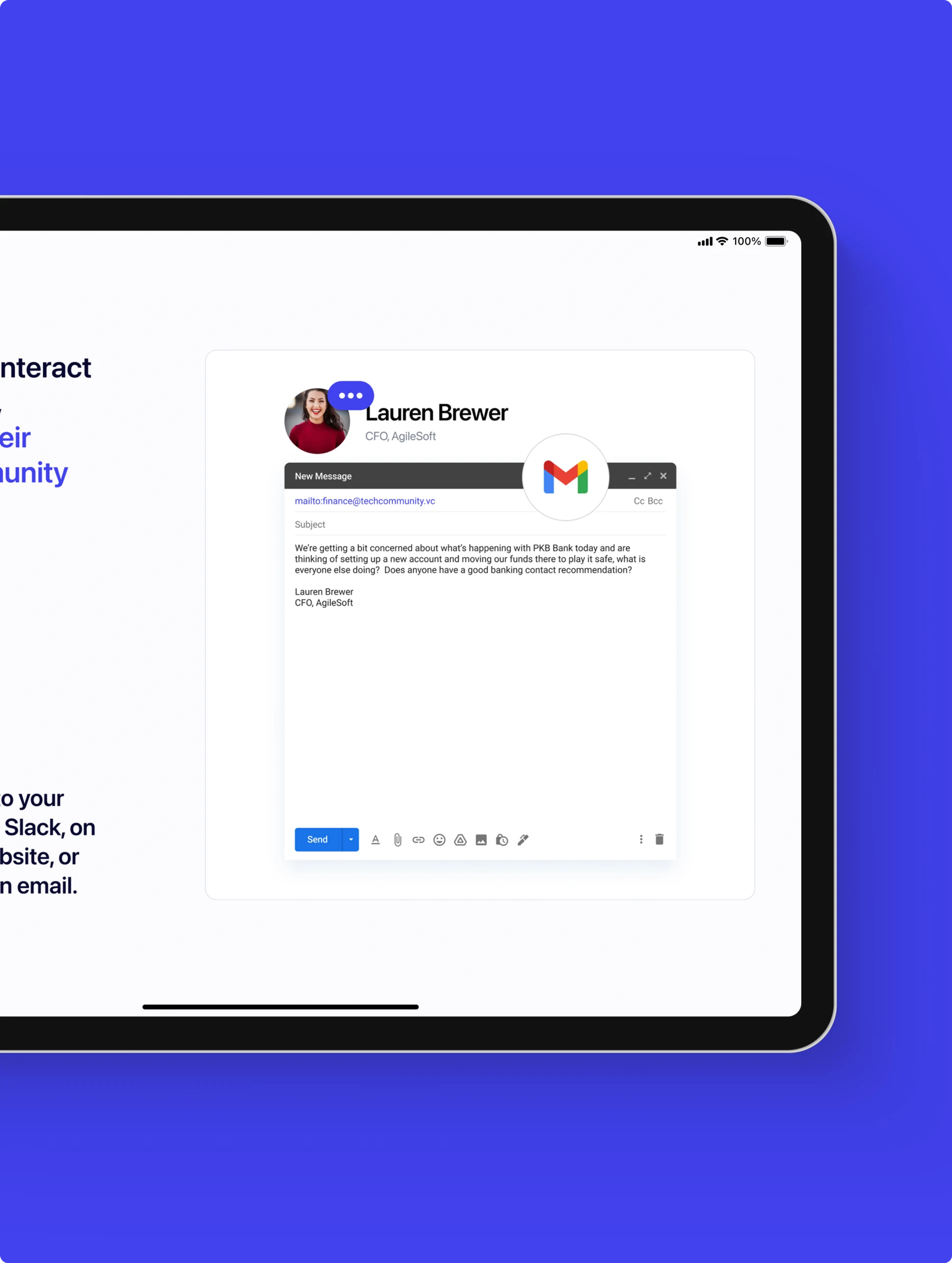 Synchronize tablet screen showing a community email from Lauren Brewer composed in Gmail