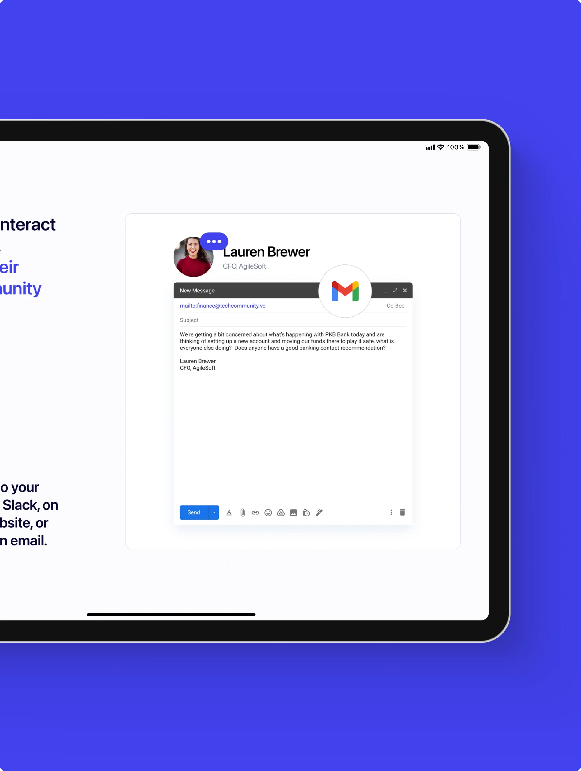 Synchronize tablet screen showing a community email from Lauren Brewer composed in Gmail