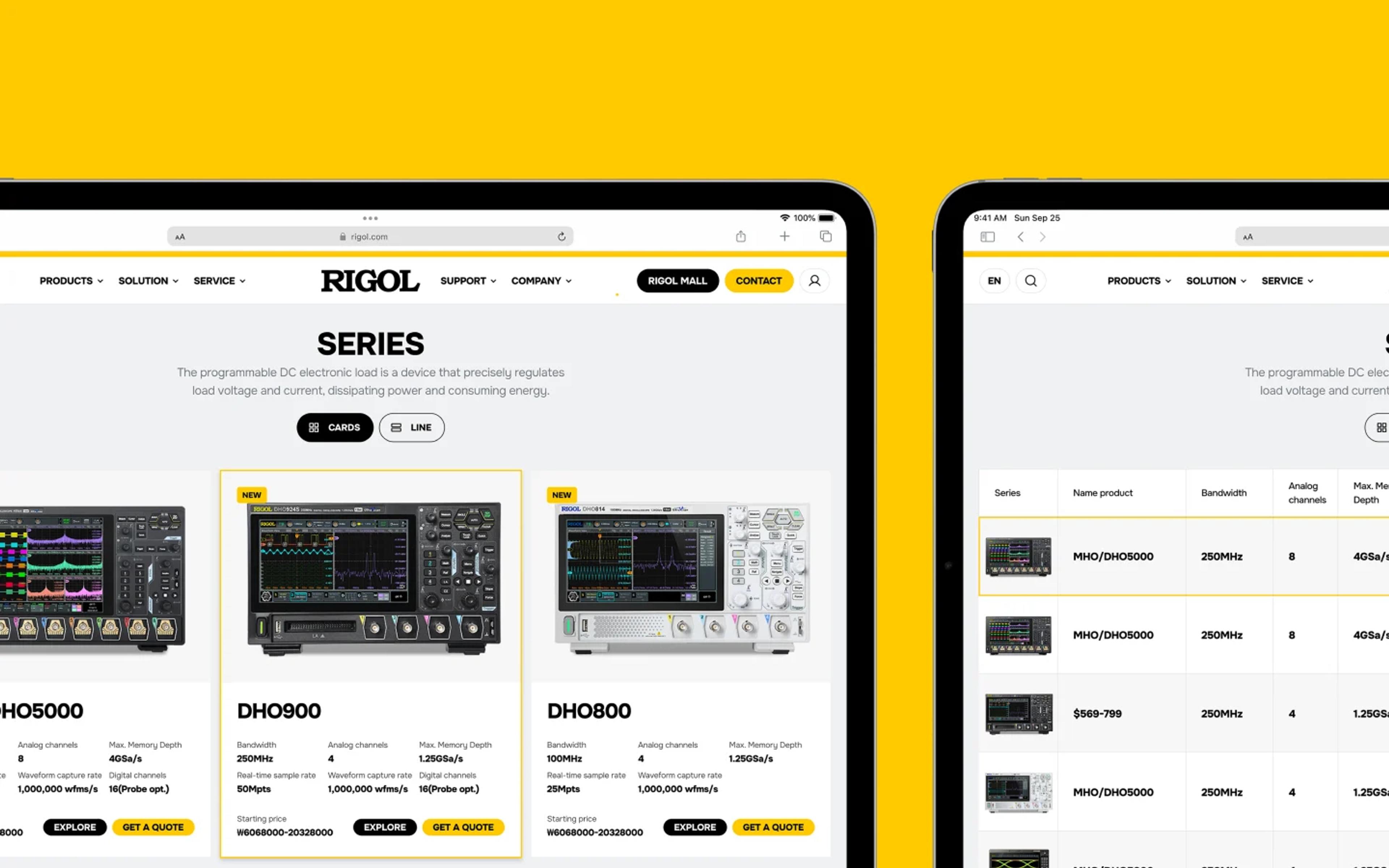 Rigol Mall e-commerce website with product listings in grid and list view formats.