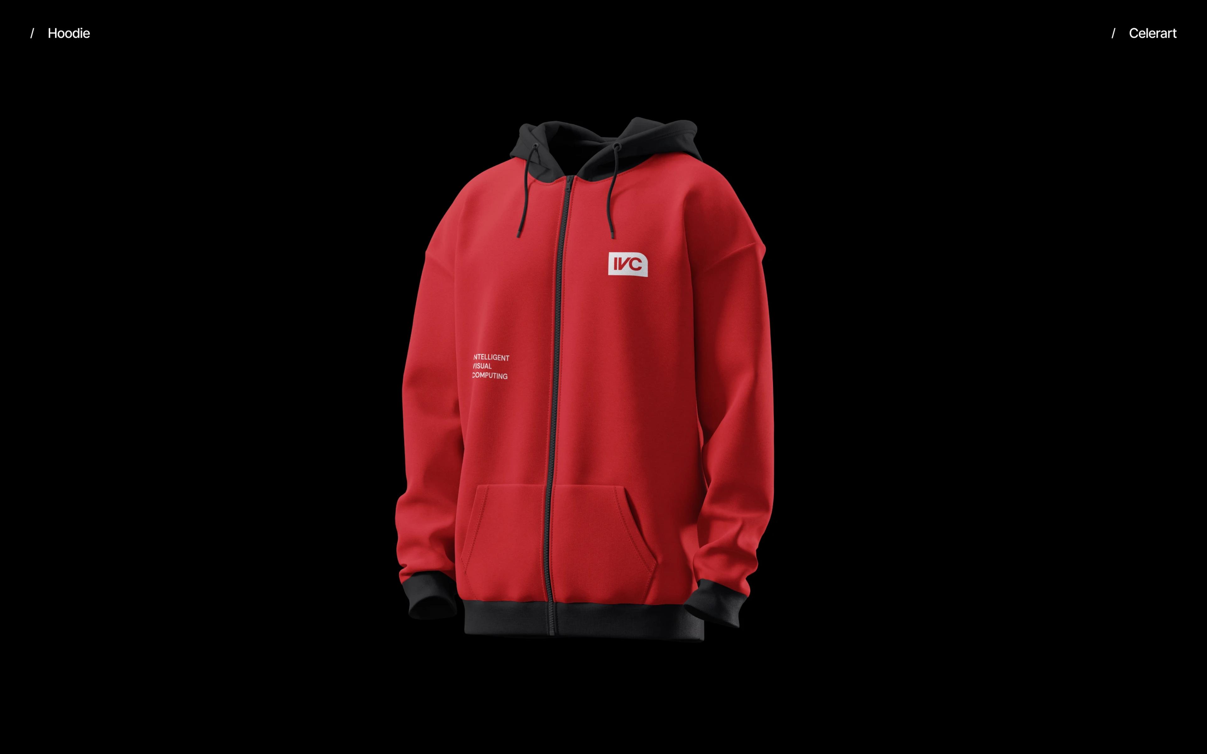 Branded red hoodie design for IVC featuring logo and embroidered text on the chest.