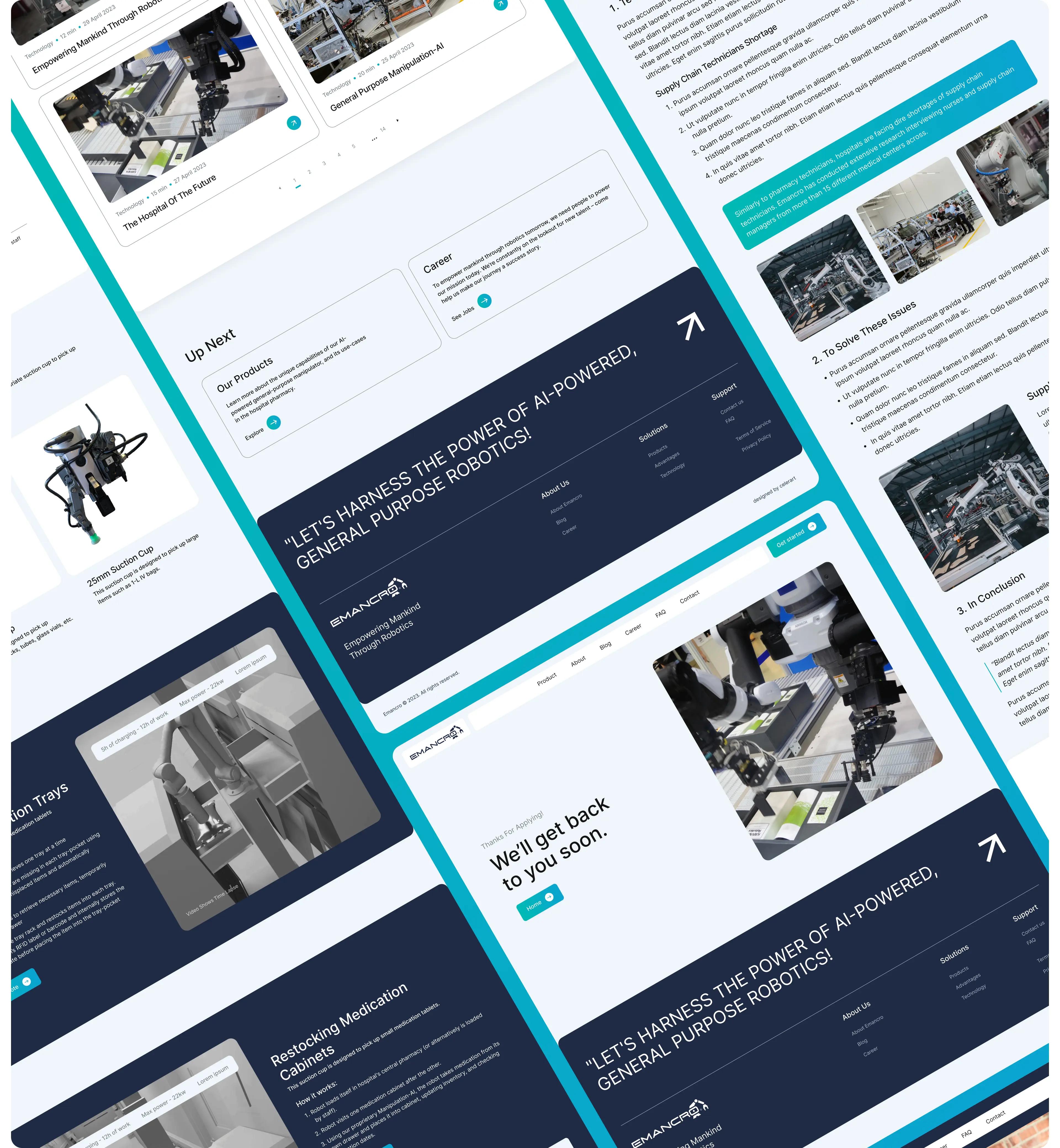 Collage of Emancro web pages: blog, product details, thank-you page and navy footer