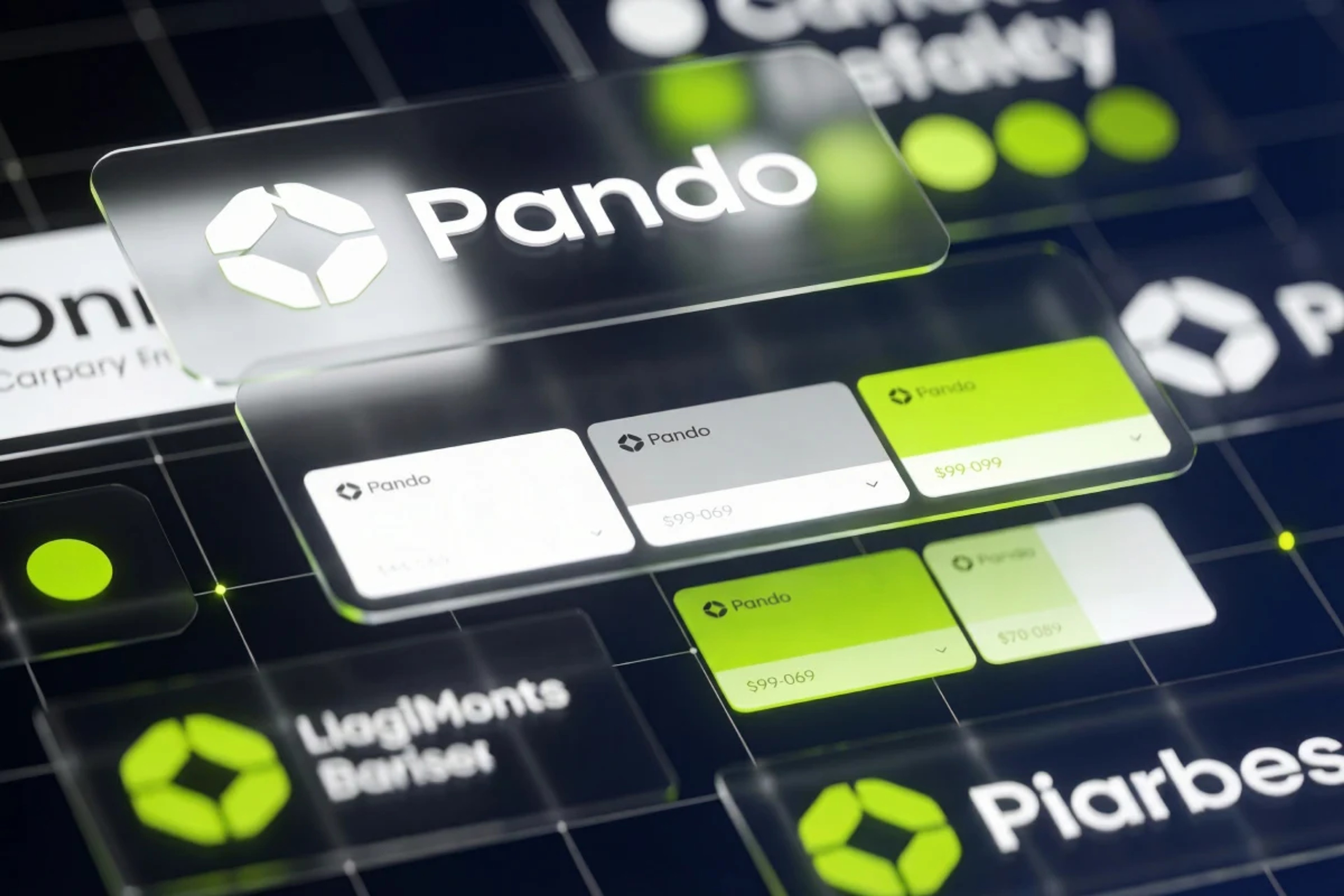 Digital UI concept for Pando brand, featuring glassmorphic interface elements, pricing cards, and neon green highlights on a dark grid background.