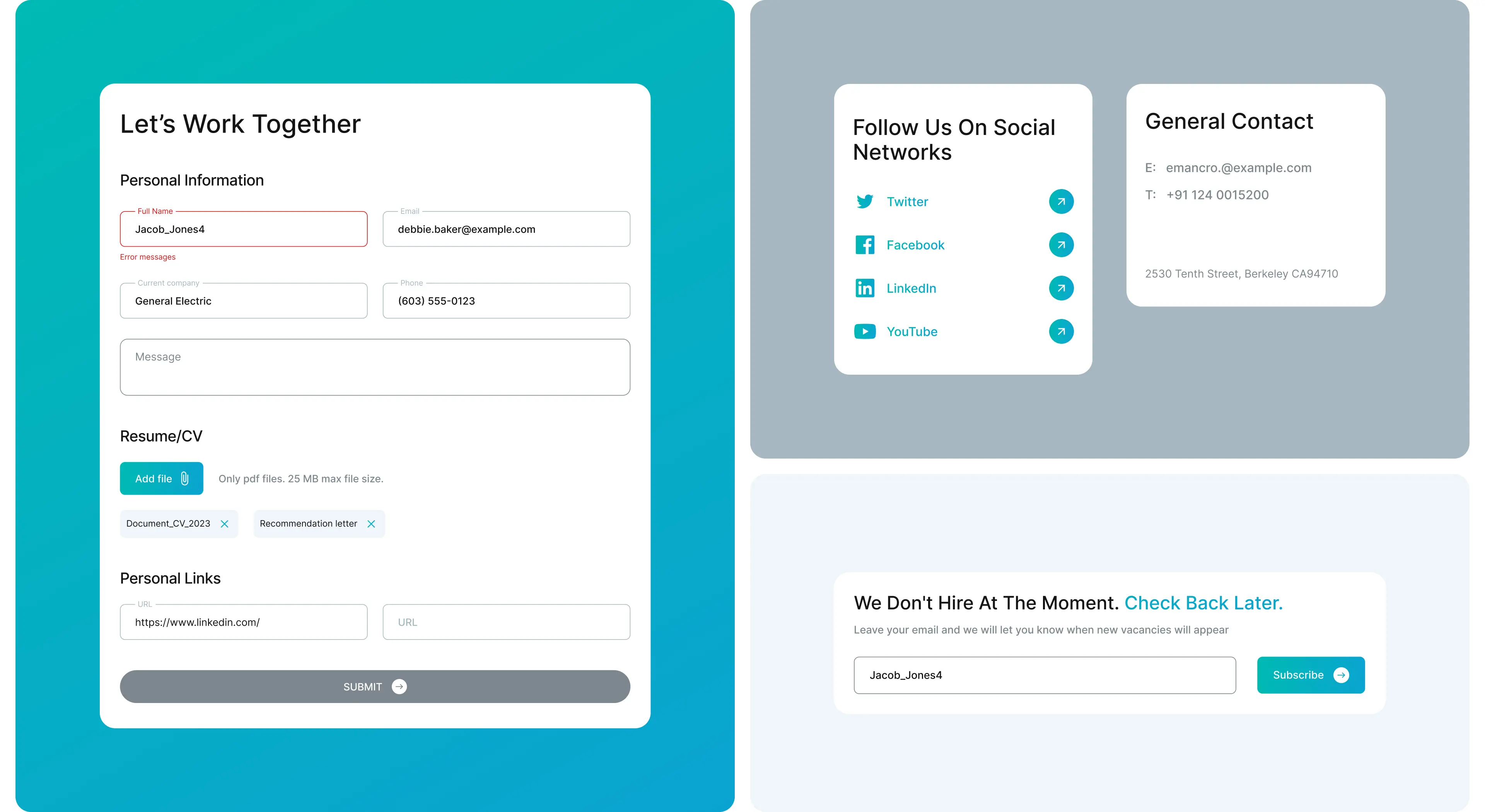 Emancro website UI: job application form, social and contact cards, and newsletter signup