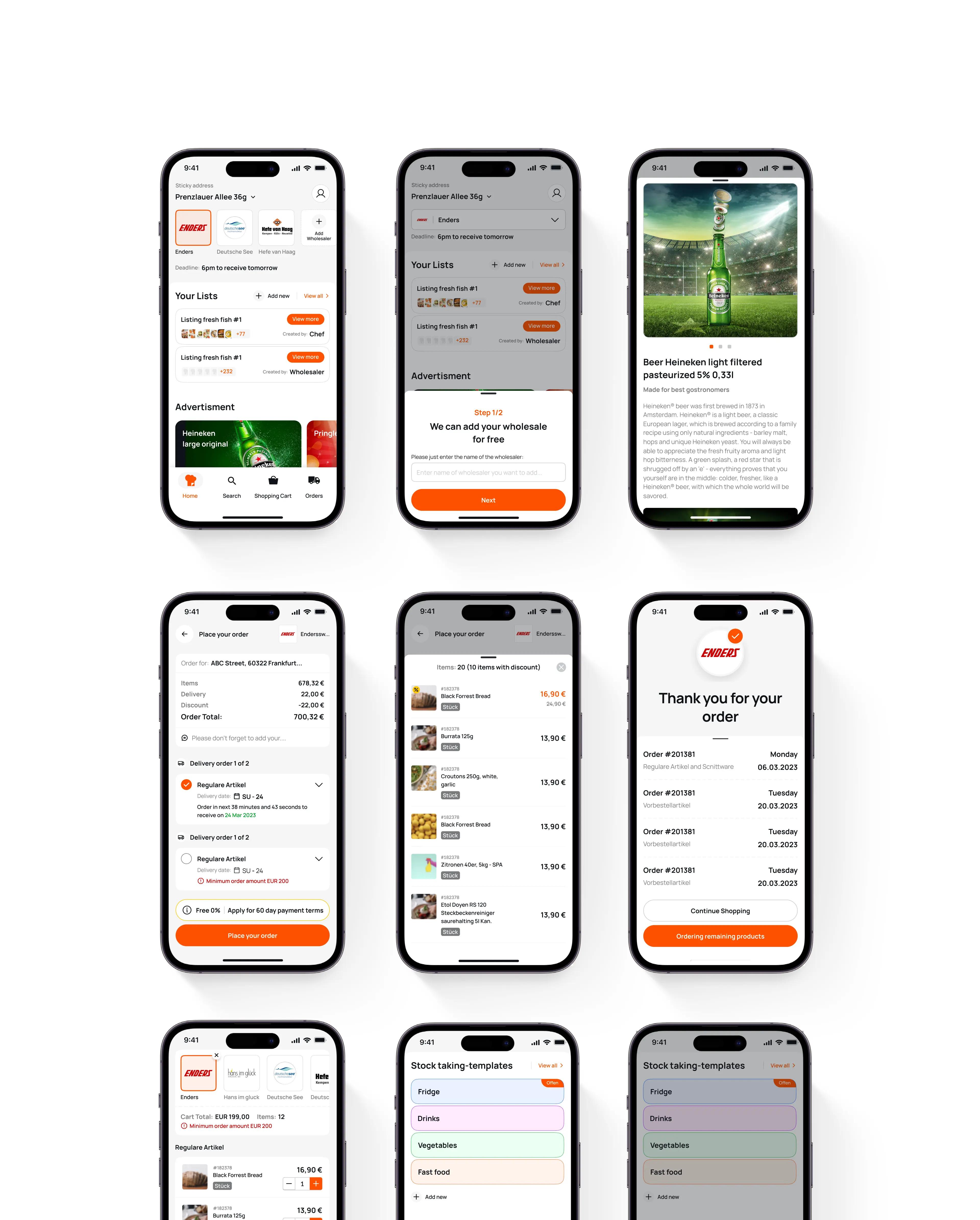 Grid of ChefsList app screens: home, product, checkout, confirmation and stock-taking templates