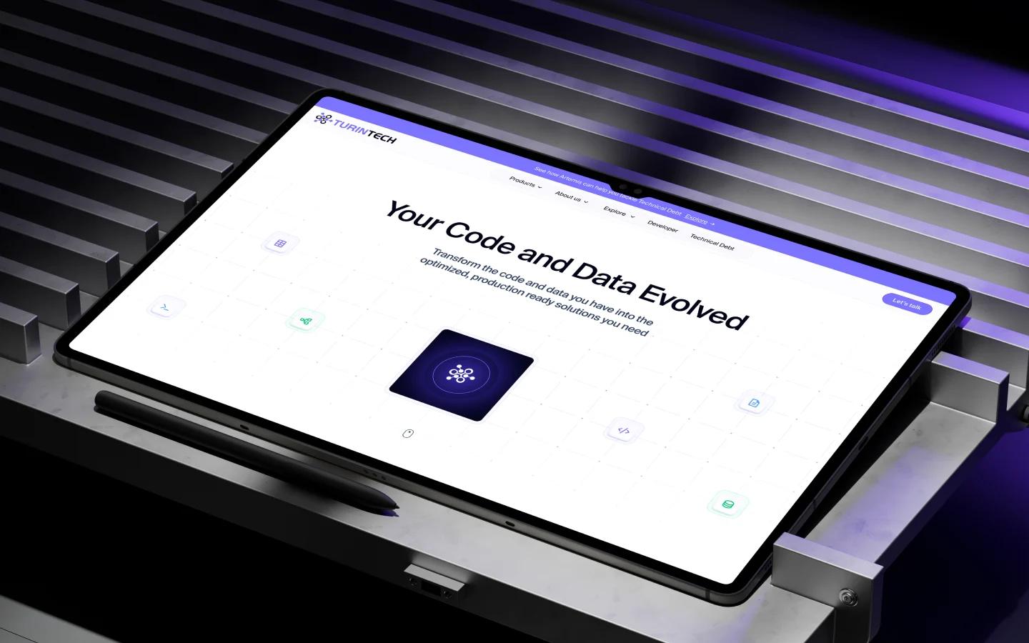 Tablet screen displaying a clean UI/UX interface for a tech company, set on a futuristic metal surface with dramatic lighting.