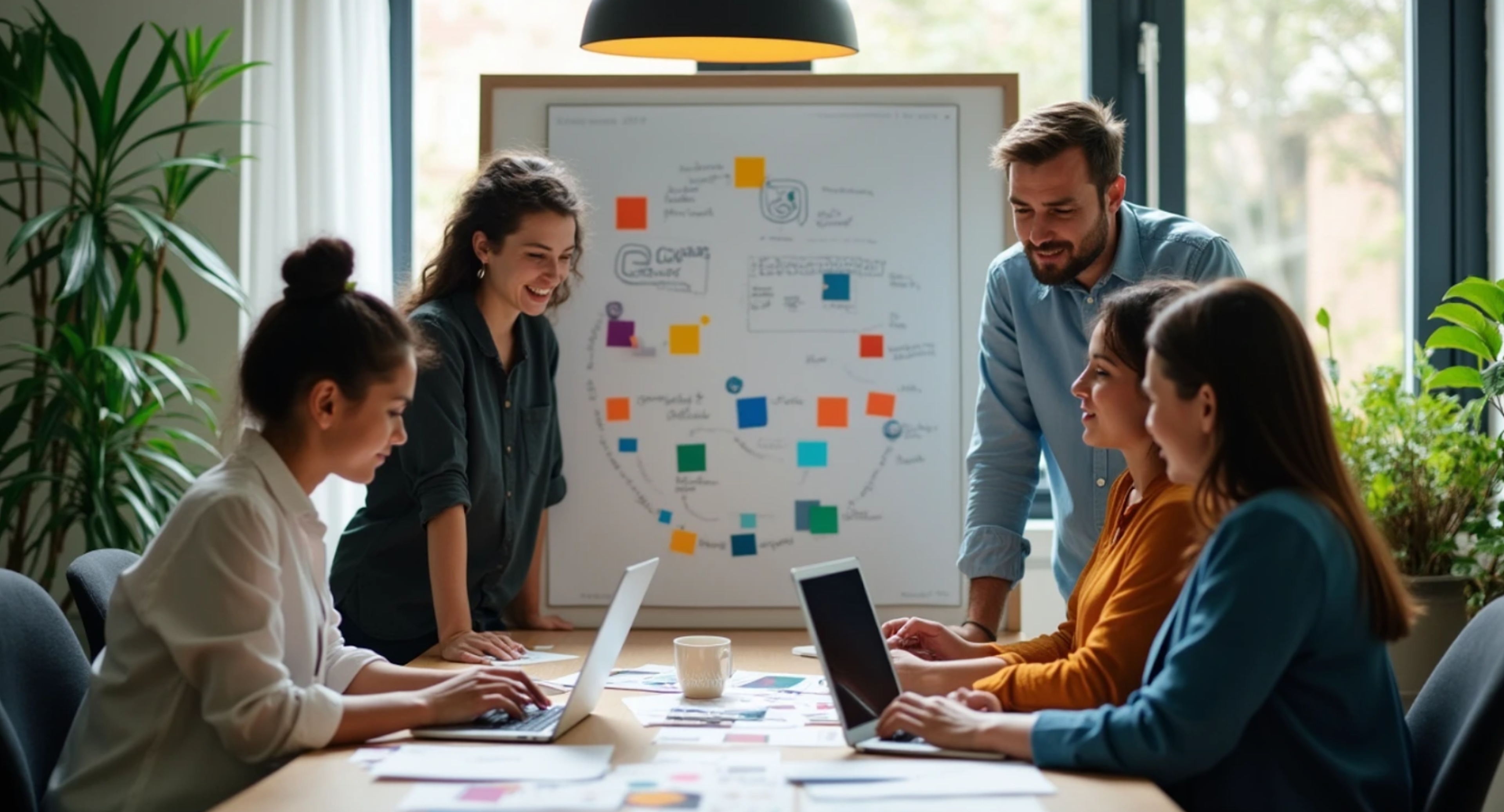 Team mapping brand elements with colored sticky notes on a whiteboard