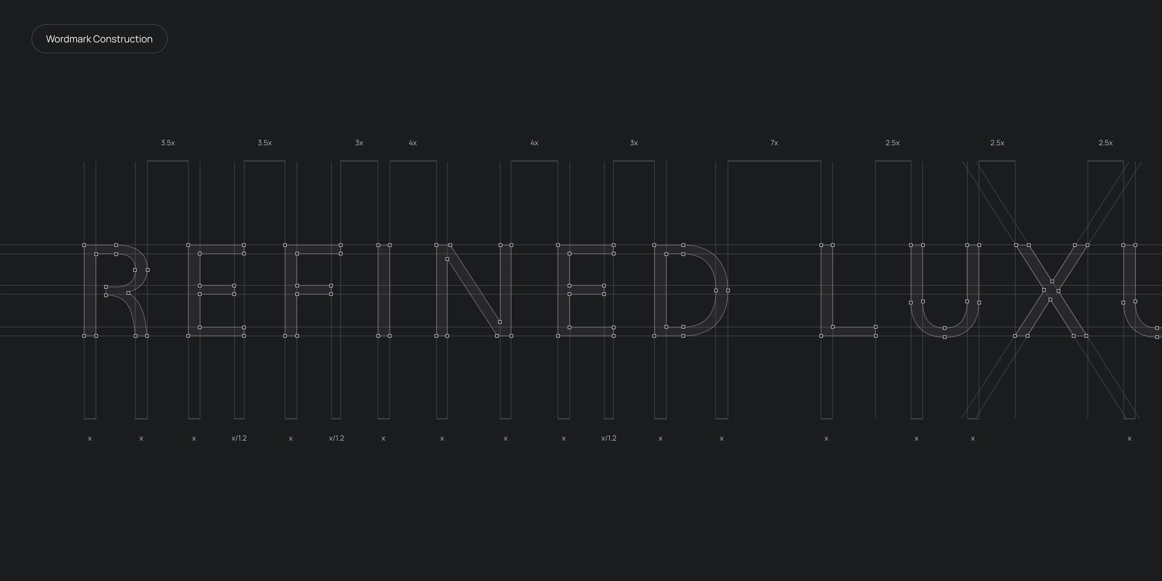 Refined Luxury wordmark construction grid with letter spacing measurements