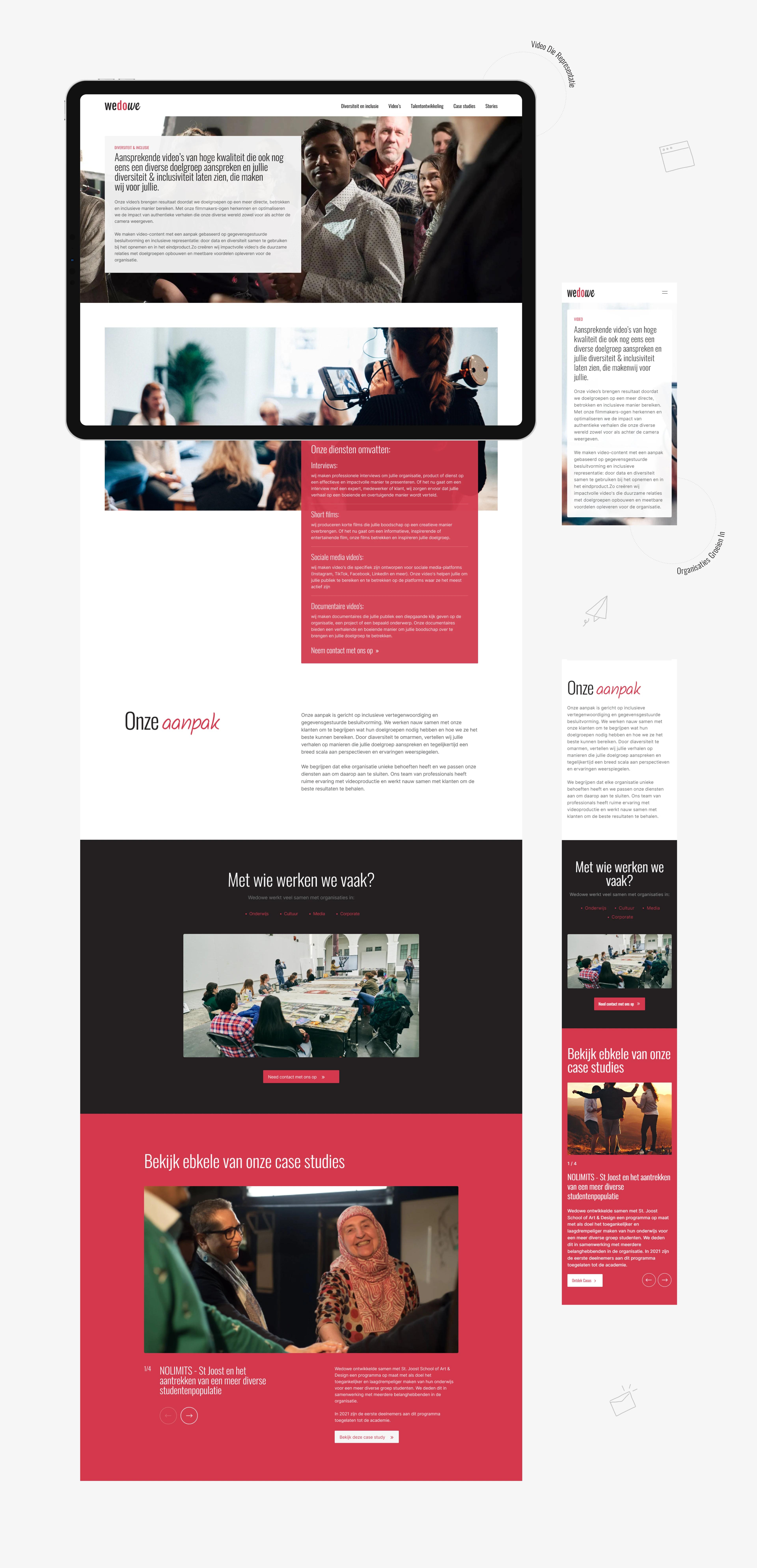 Wedowe video services page on tablet and mobile: hero, services list, approach, sectors and case study slider