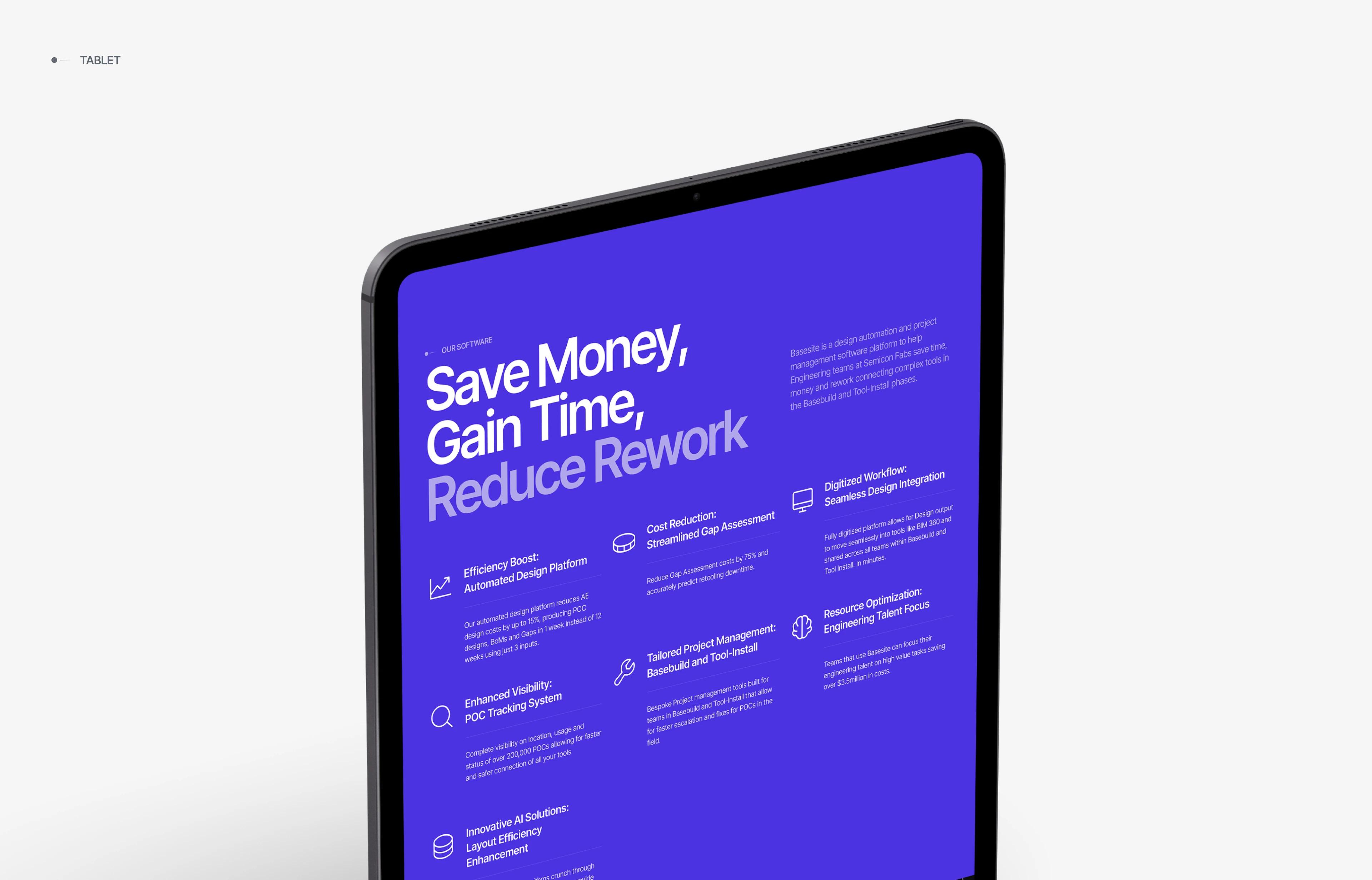 Basesite tablet page "Save Money, Gain Time, Reduce Rework" listing software benefits