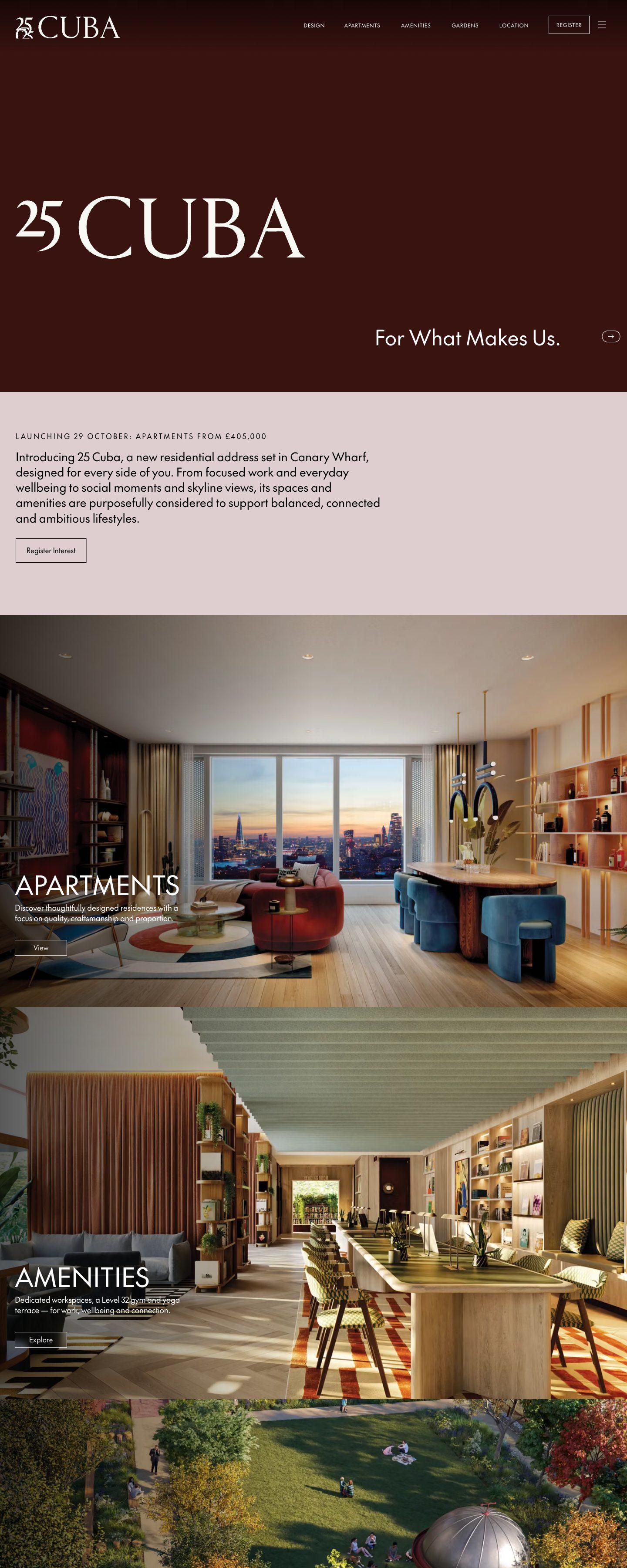 25 Cuba homepage: oxblood hero with the 25 Cuba wordmark above apartment and amenity photography