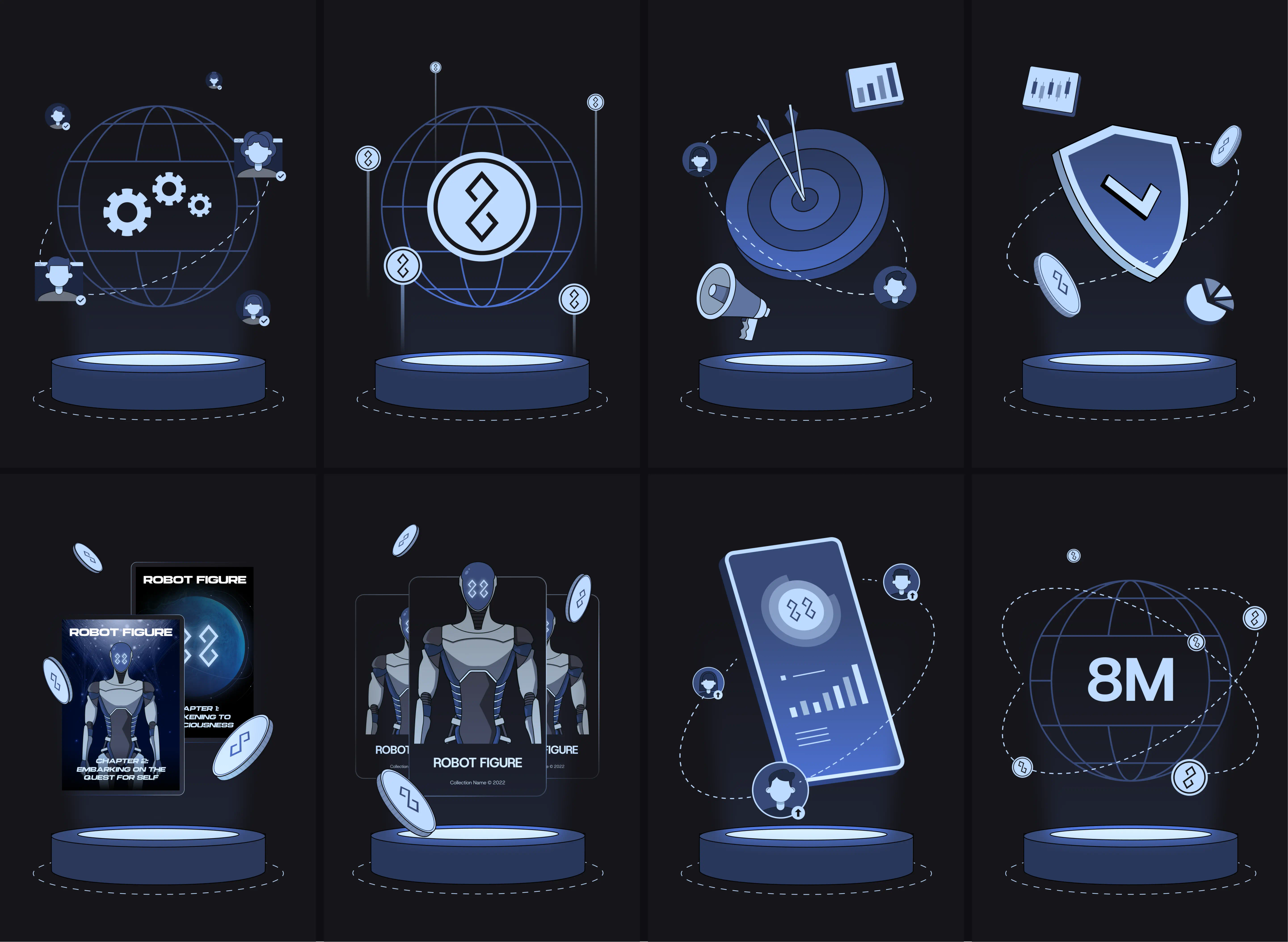 Robot Figure illustration set: eight icons on glowing podiums, from globes and shields to coins