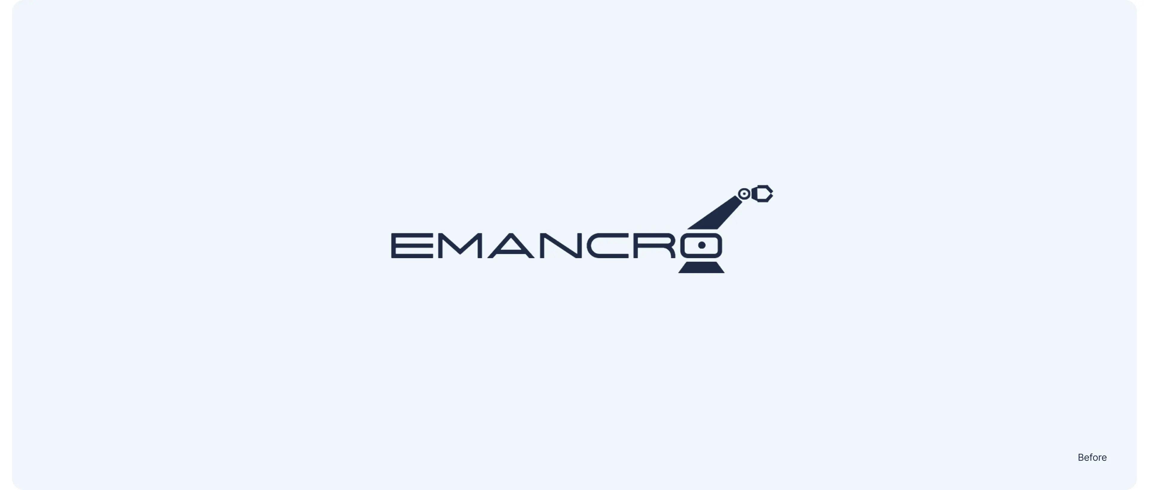 Emancro logo before the redesign, navy wordmark with a robot-arm icon