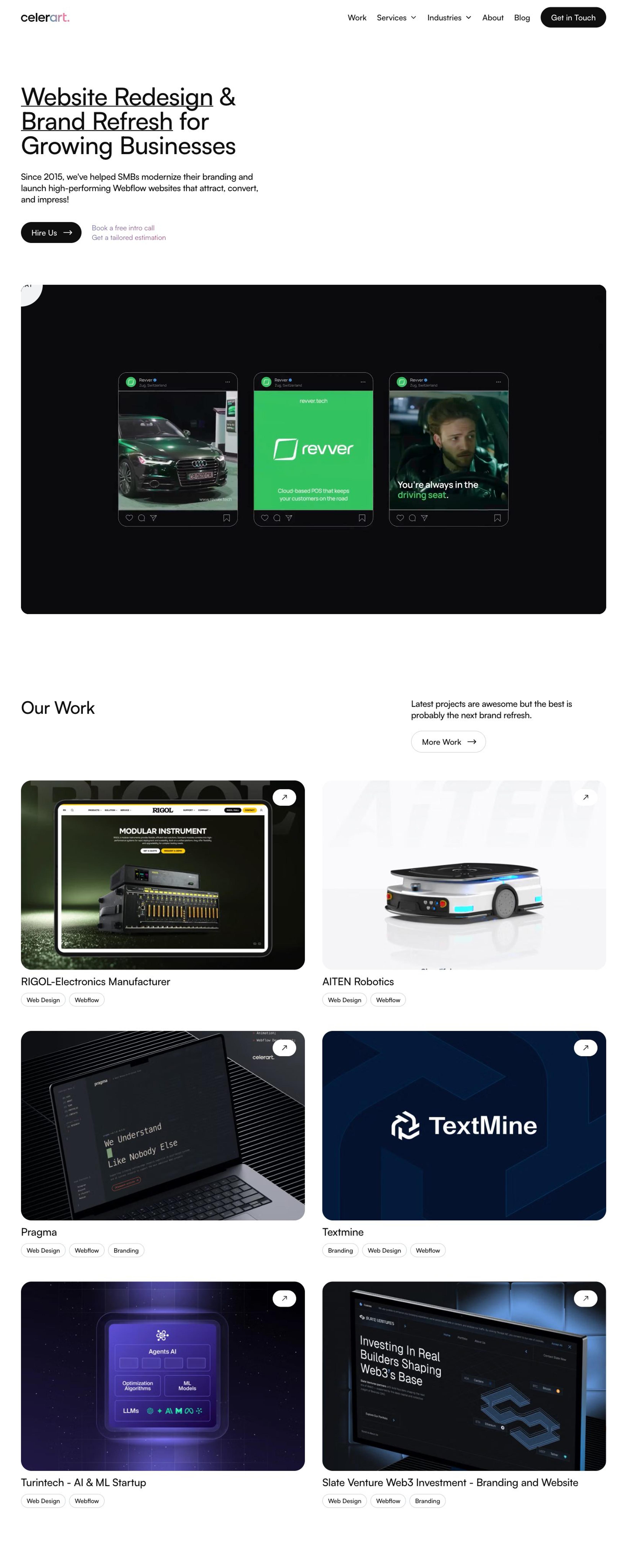 Celerart homepage: "Website Redesign & Brand Refresh for Growing Businesses" above the work grid