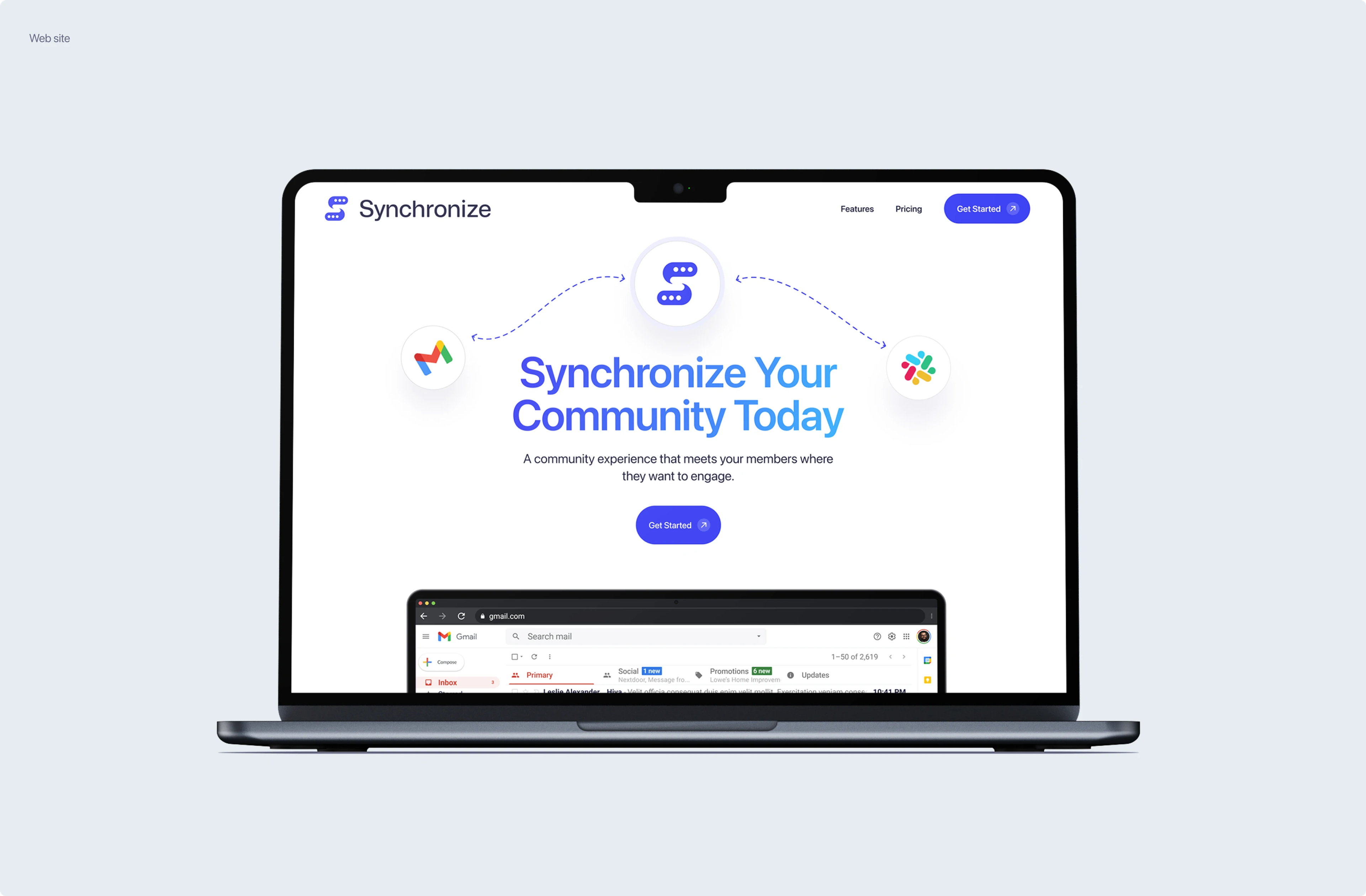 Synchronize homepage hero with Gmail and Slack integration icons on a laptop