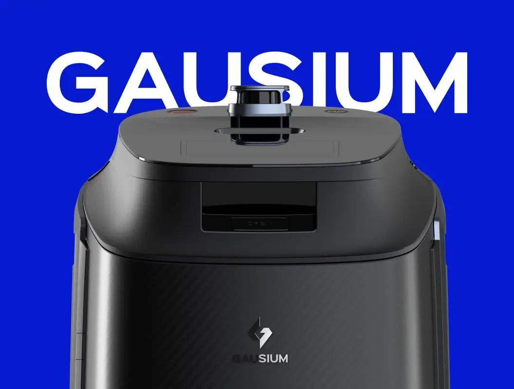 Innovative robot design by creative studio, Gausium, showcased on blue background.