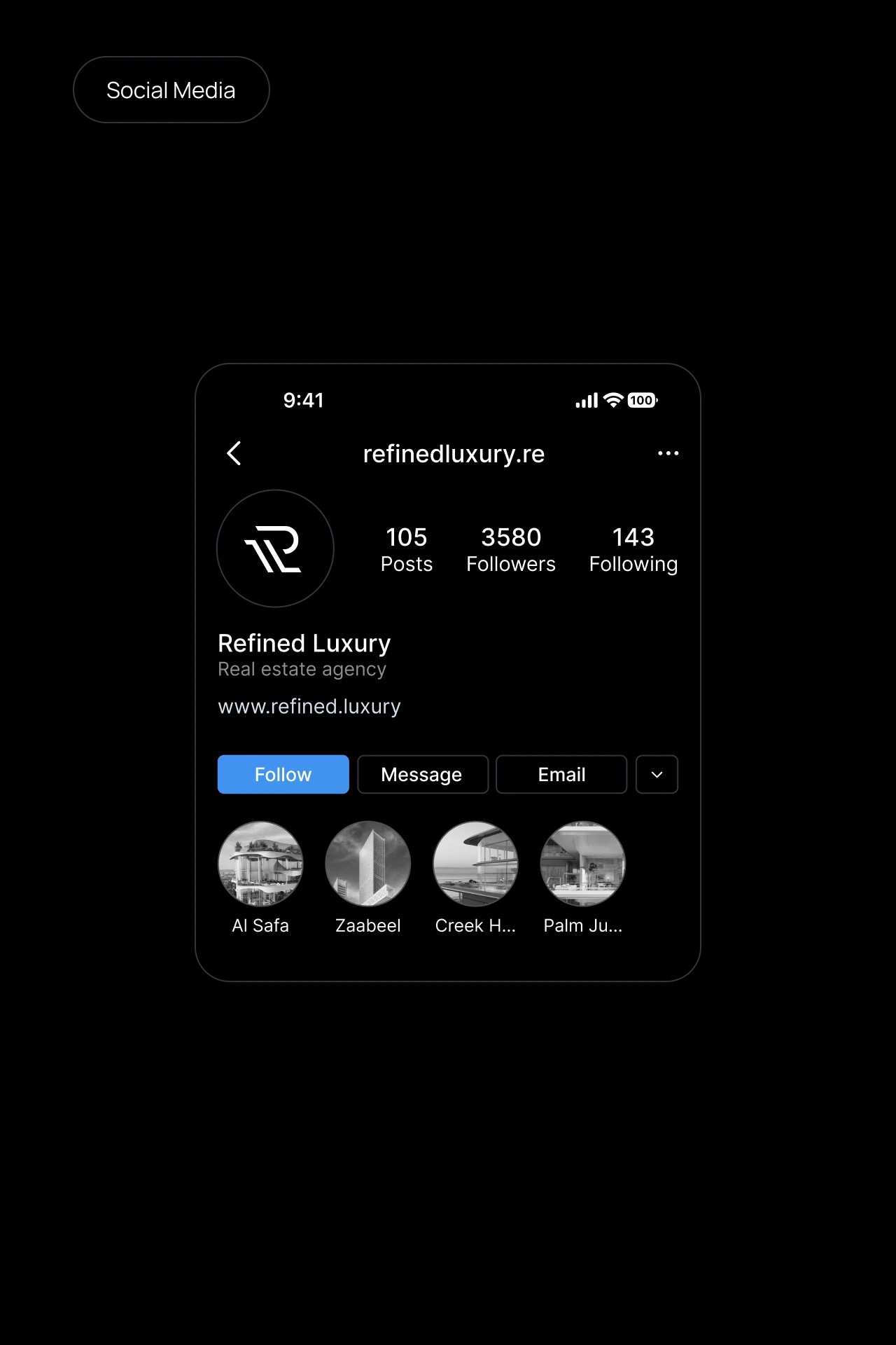 Refined Luxury Instagram profile mockup with R monogram avatar and project highlights