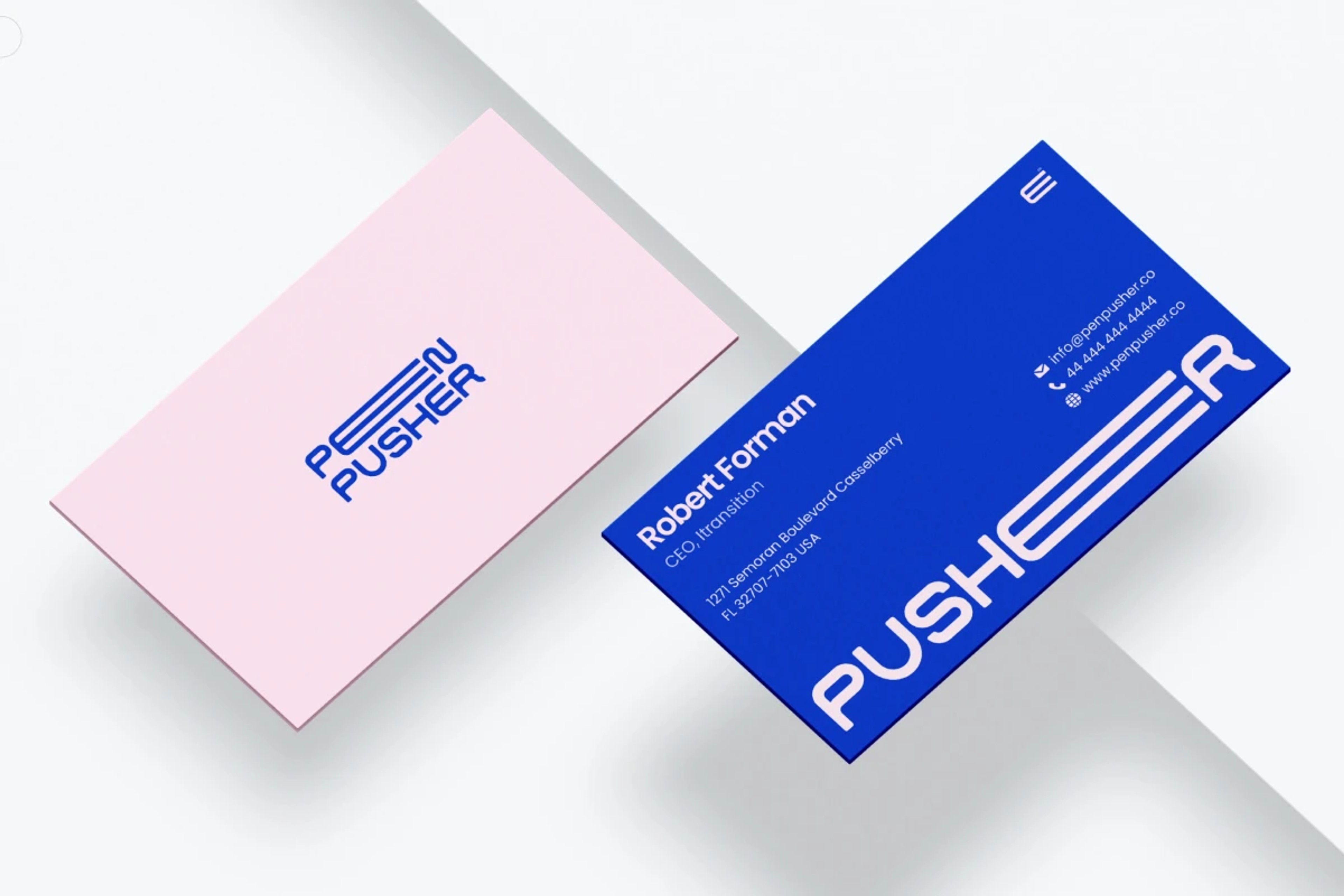 Minimalist business card design with the brand name "PUSHER" and contact details for Robert Forman.