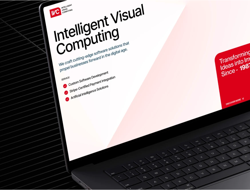 IVC website on a laptop: “Intelligent Visual Computing” homepage with red accents and service list
