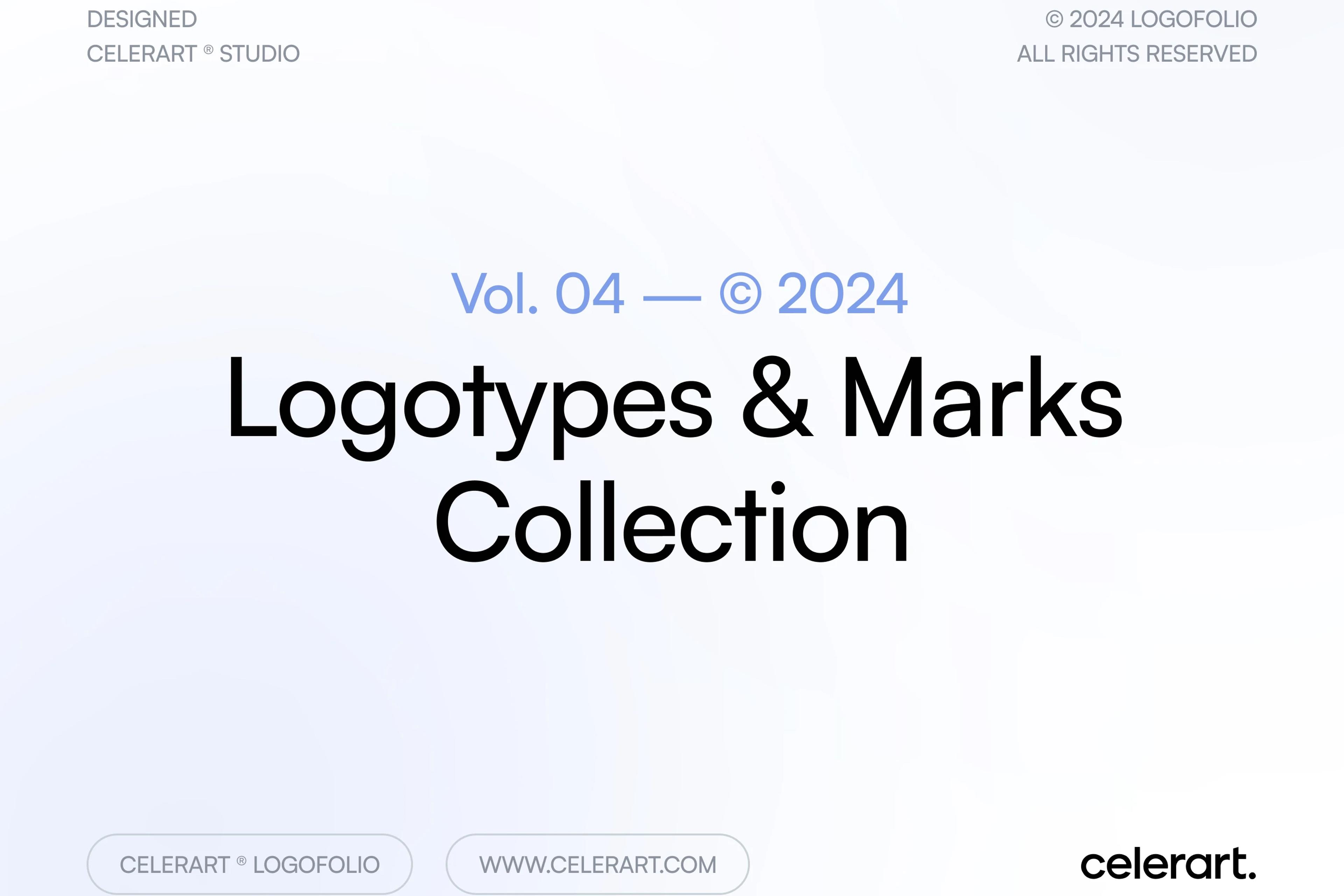 Simple cover design with 'Logotypes & Marks Collection' in bold black text, accompanied by 'Vol. 04 — © 2024' in light blue, set against a soft gradient background.