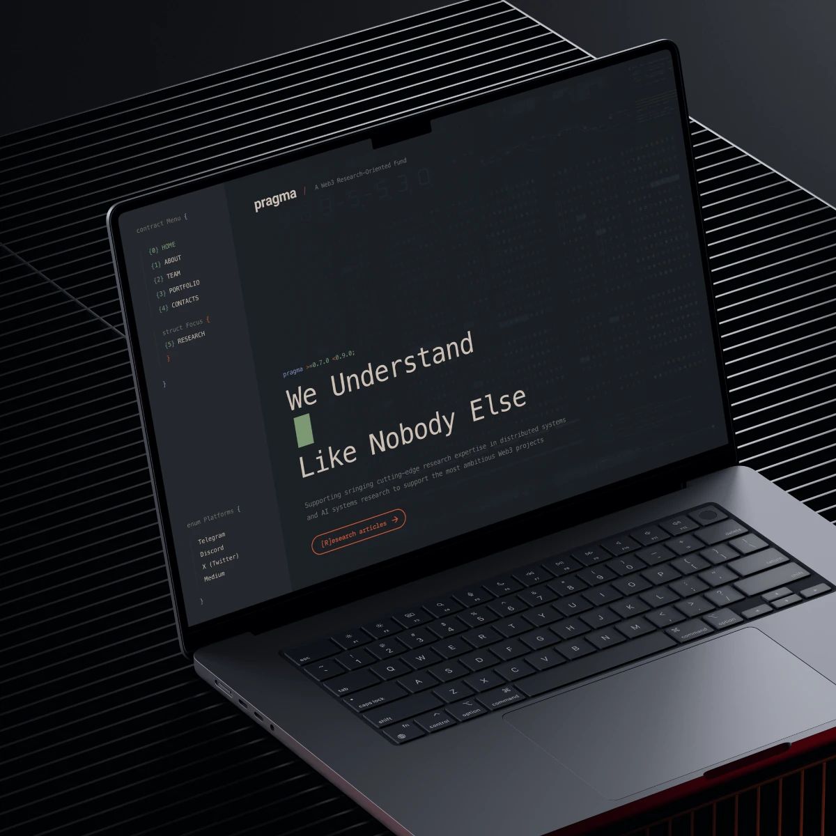 Dark-themed web research website on a laptop screen — Pragma case study.