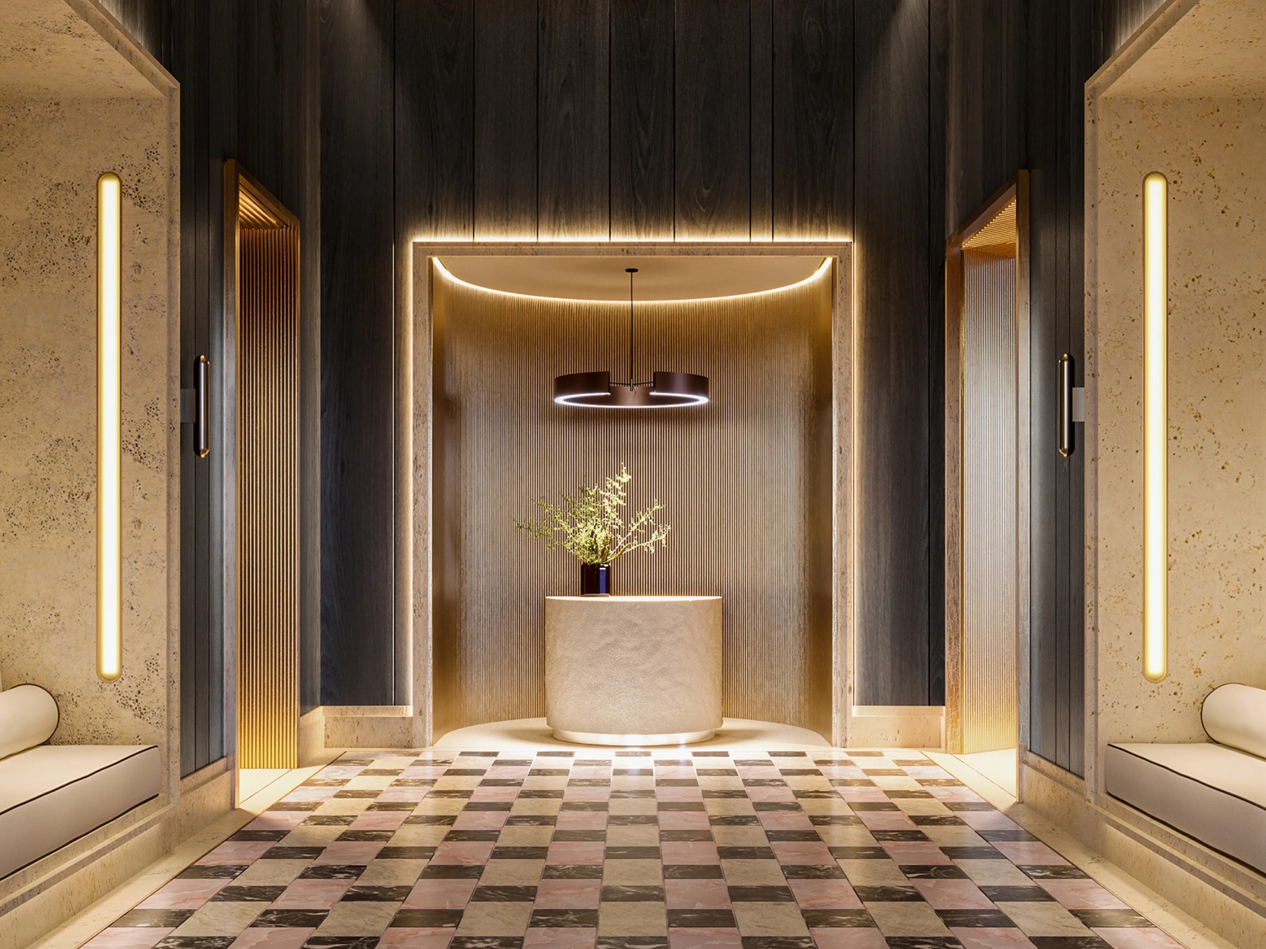Refined Luxury lobby with lit reception desk, dark wood walls and checkered marble floor