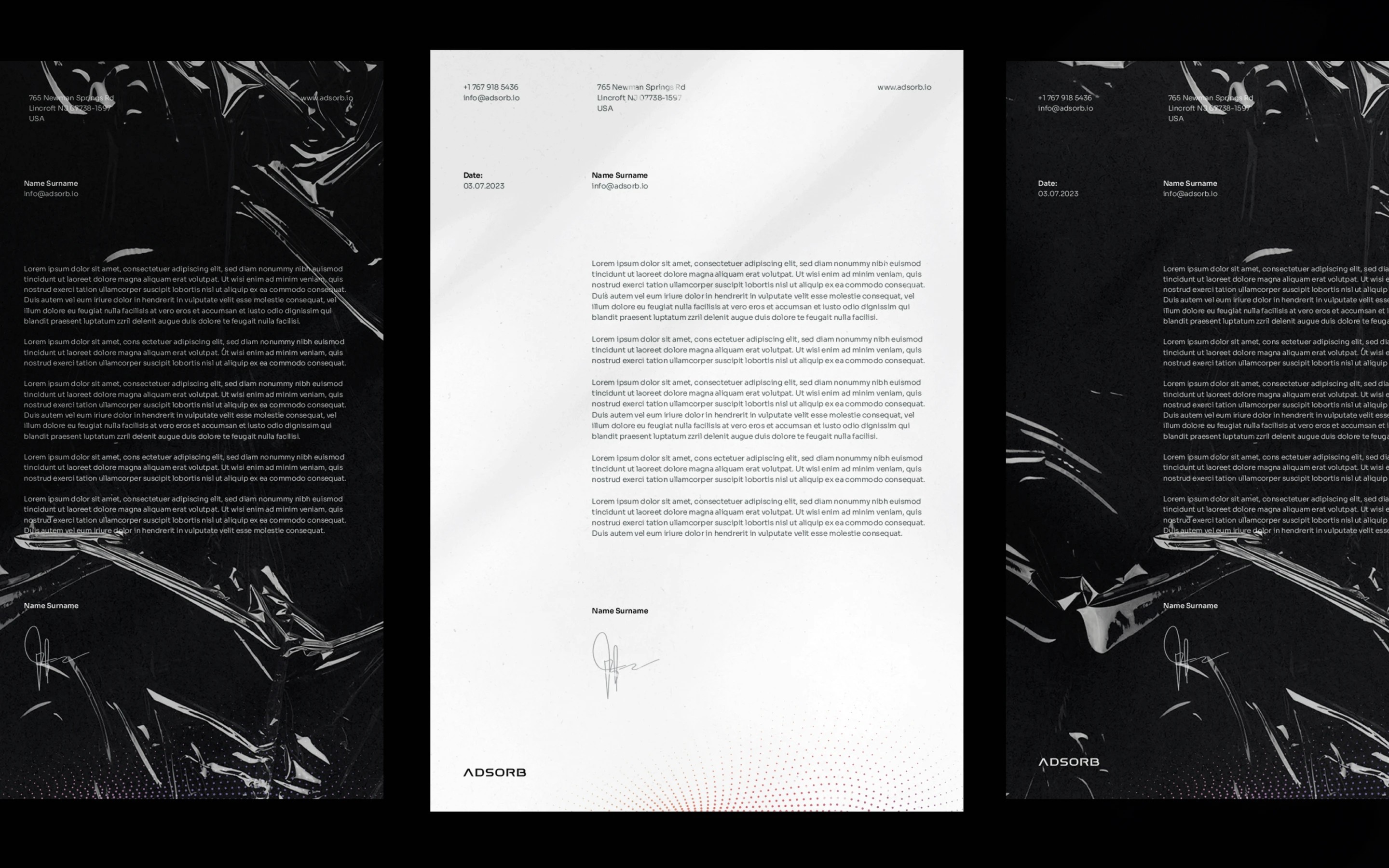 Stylish letterhead template for Adsorb with dark and light theme corporate stationery variations.