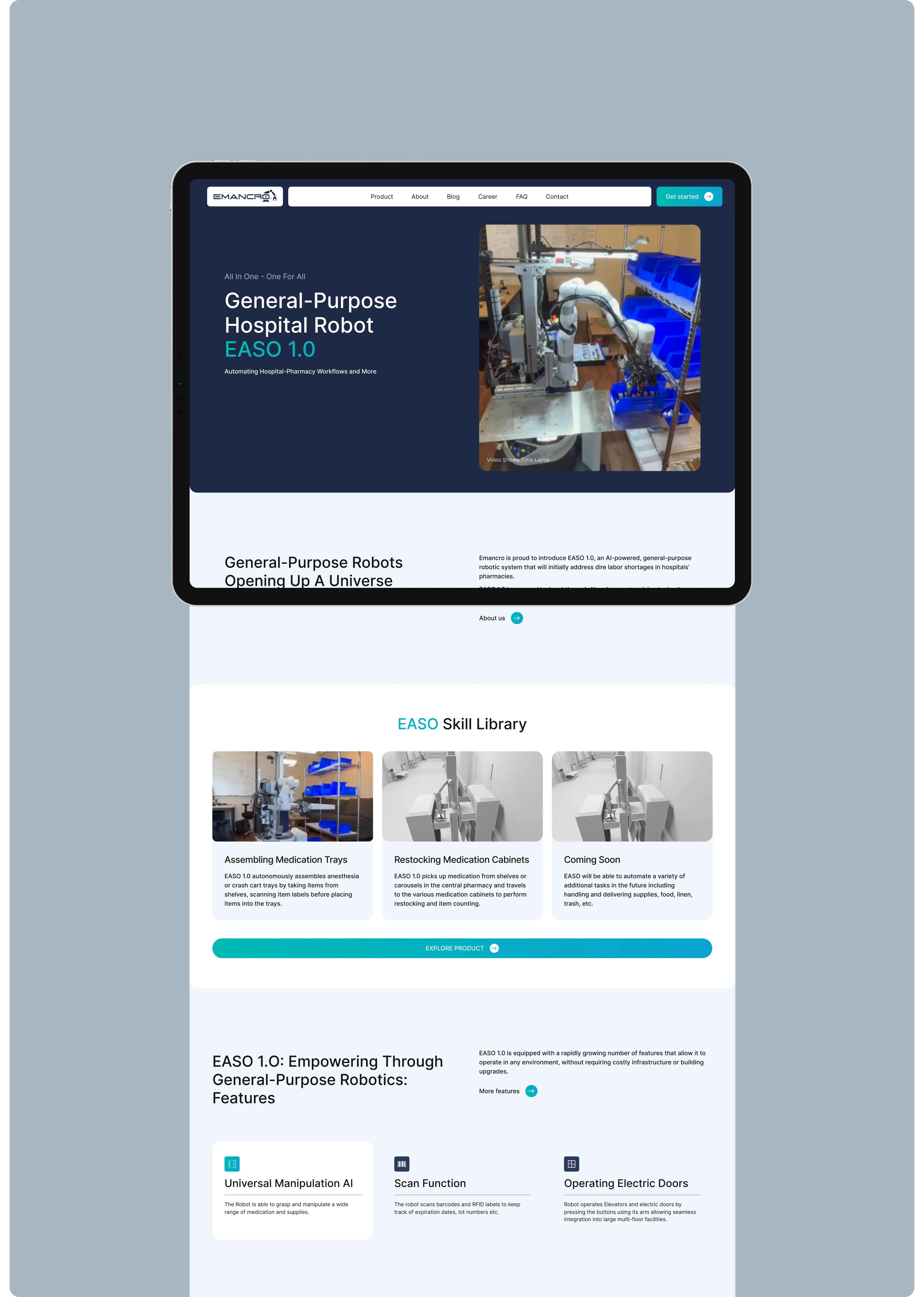 Emancro website homepage on a tablet: EASO 1.0 hospital robot hero, skill library and features