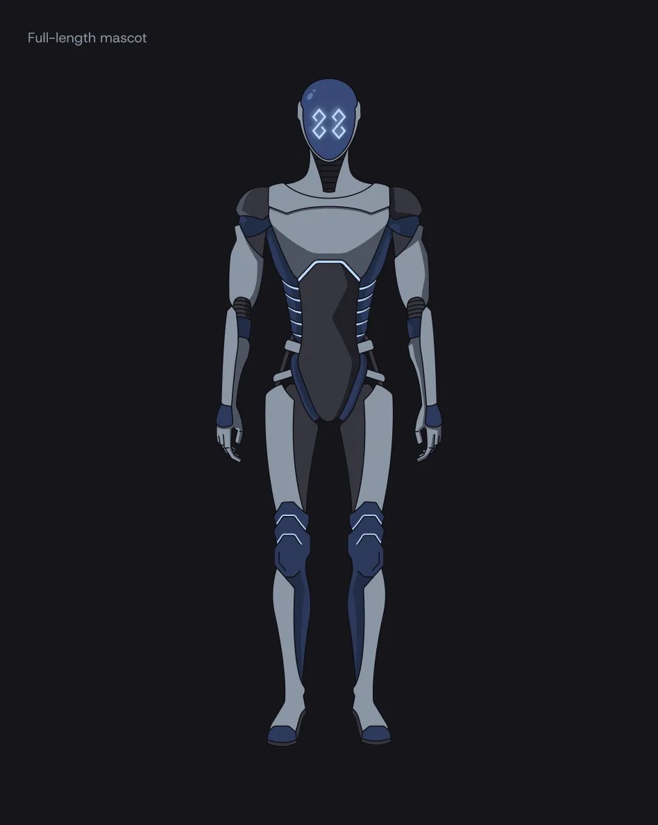 Robot Figure full-length mascot illustration in grey and navy armor with glowing 88 face