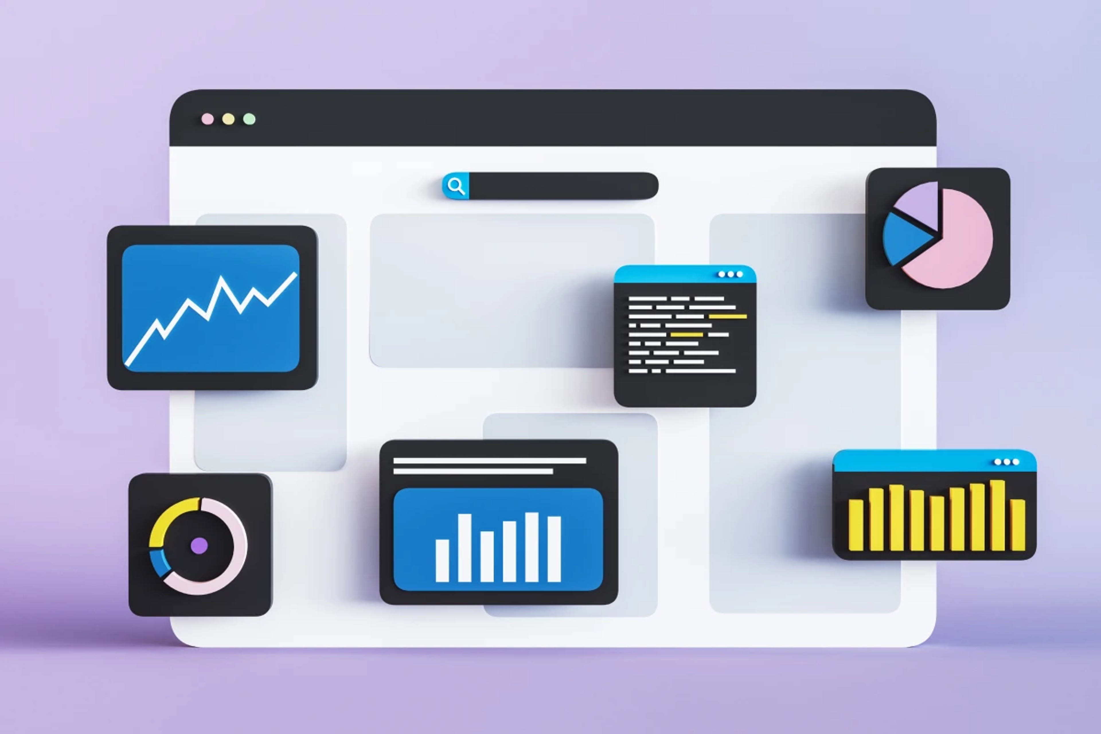 3D illustration of a web dashboard interface with floating analytics charts, graphs, and code snippets.