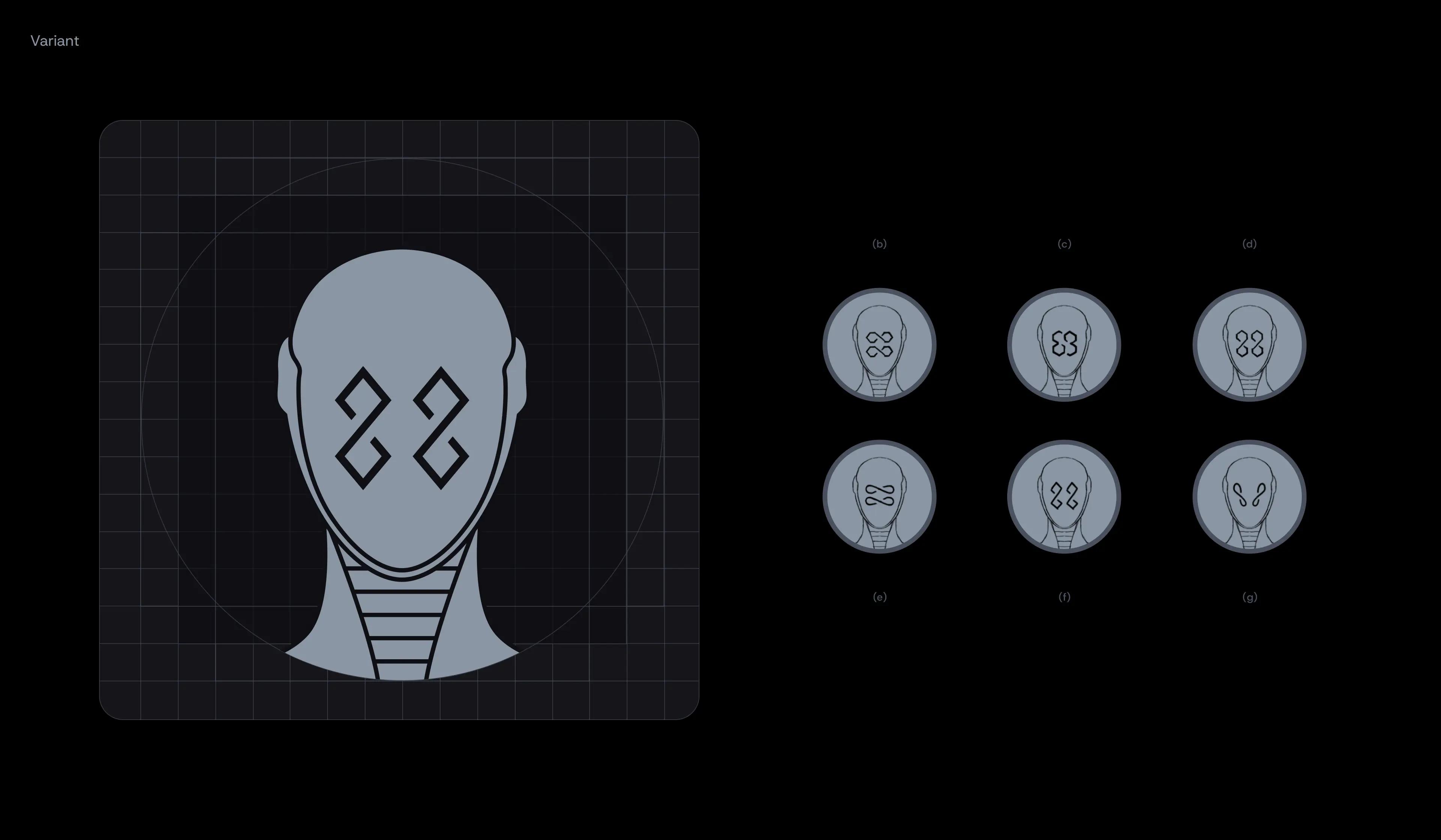 Robot Figure mascot head icon on a construction grid, with six face-symbol variants