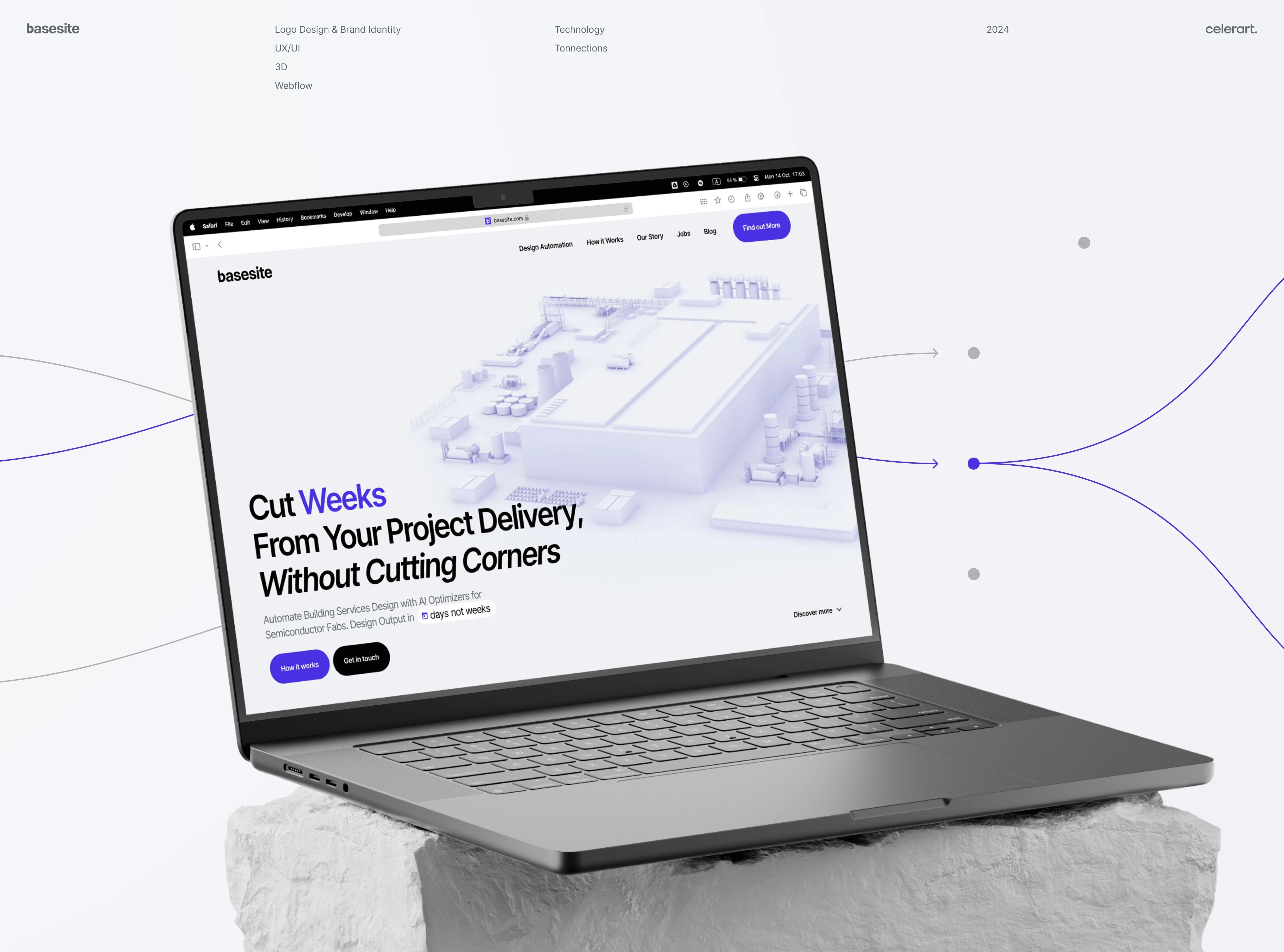 Basesite website homepage on a laptop: "Cut Weeks From Your Project Delivery, Without Cutting Corners"