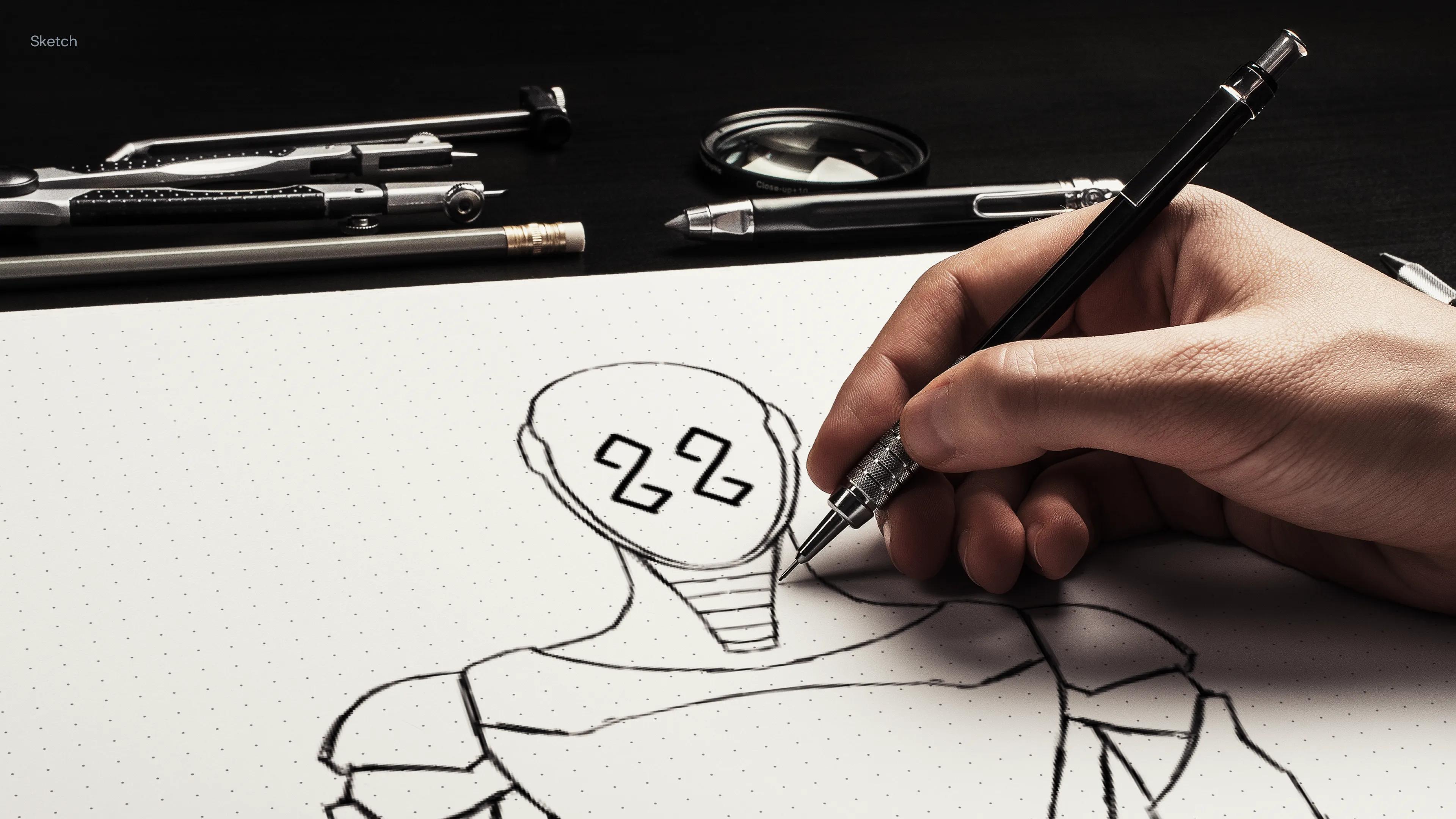 Robot Figure mascot sketch: hand drawing the robot with an 88 face in pencil on dotted paper