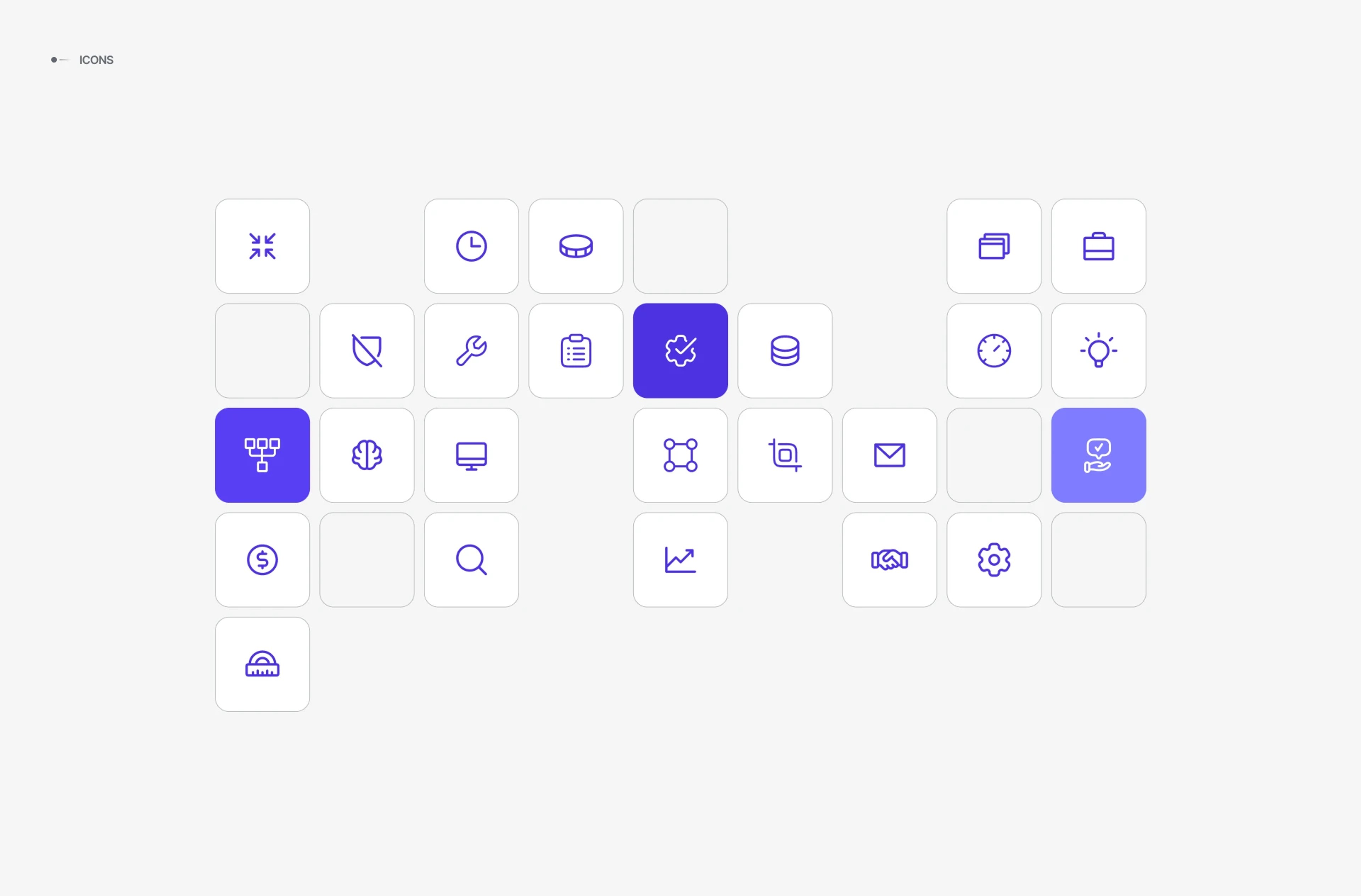 Basesite icon set: violet line icons in rounded tiles