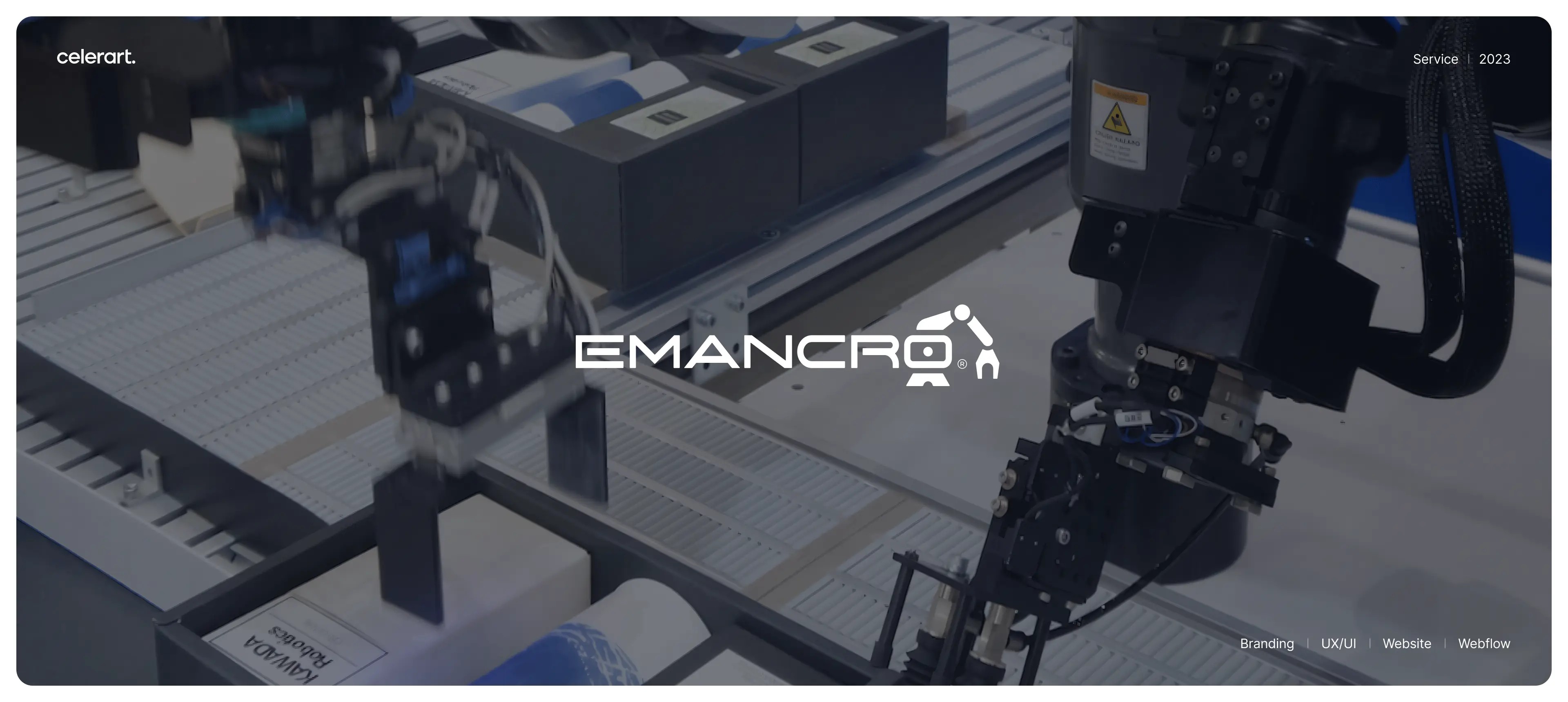 Emancro case cover: white Emancro logo over robotic arms picking items on a conveyor line