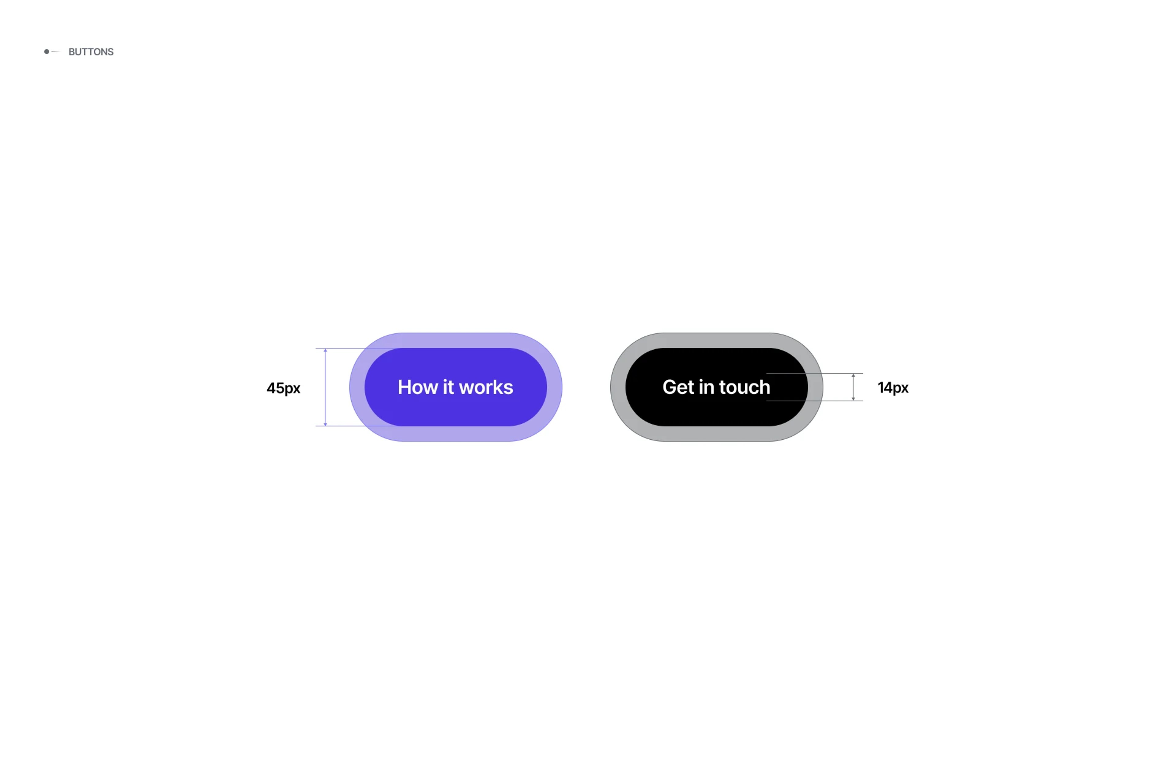 Basesite button specs: violet "How it works" and black "Get in touch" pills, 45px tall