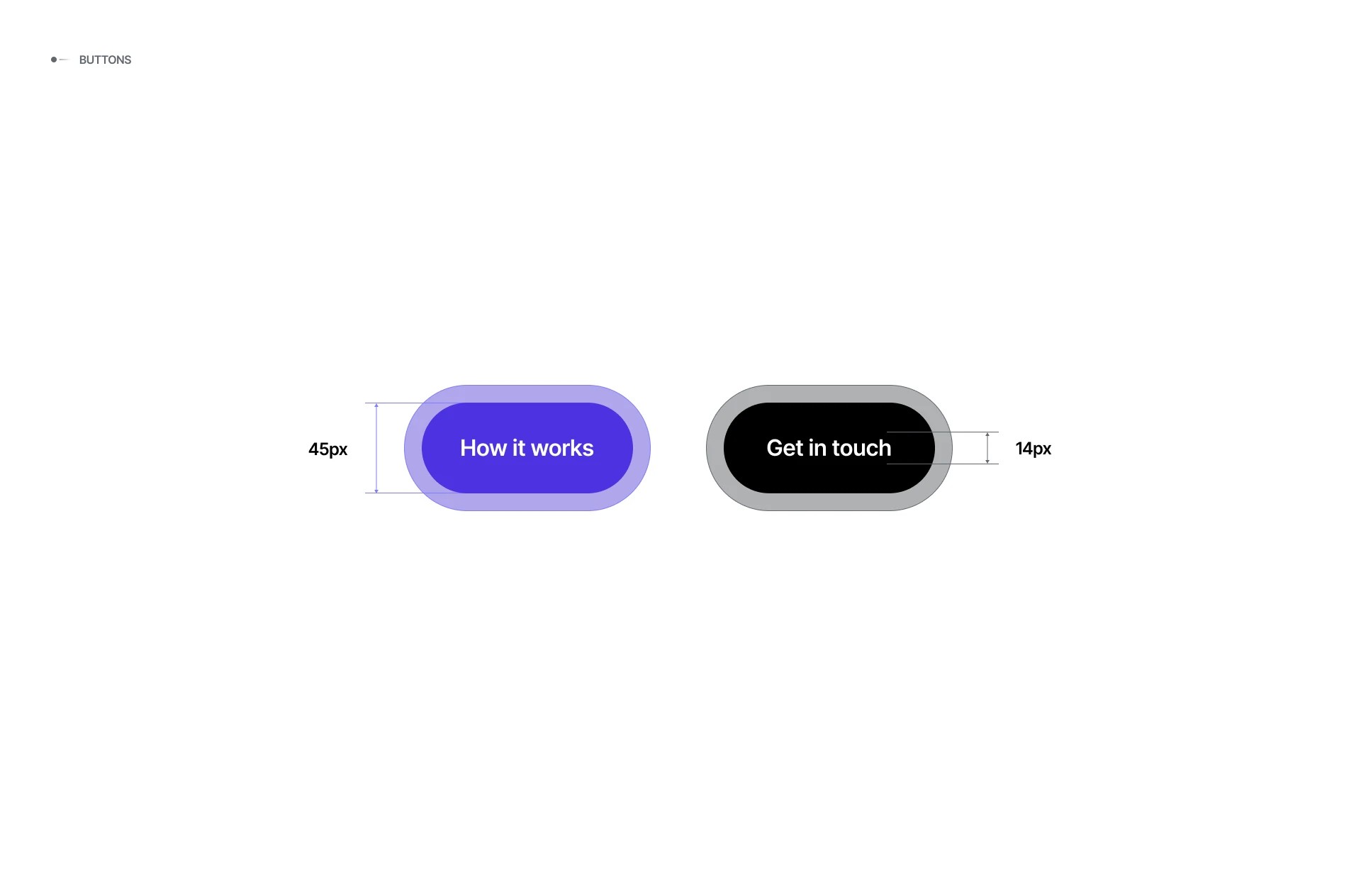 Basesite button specs: violet "How it works" and black "Get in touch" pills, 45px tall