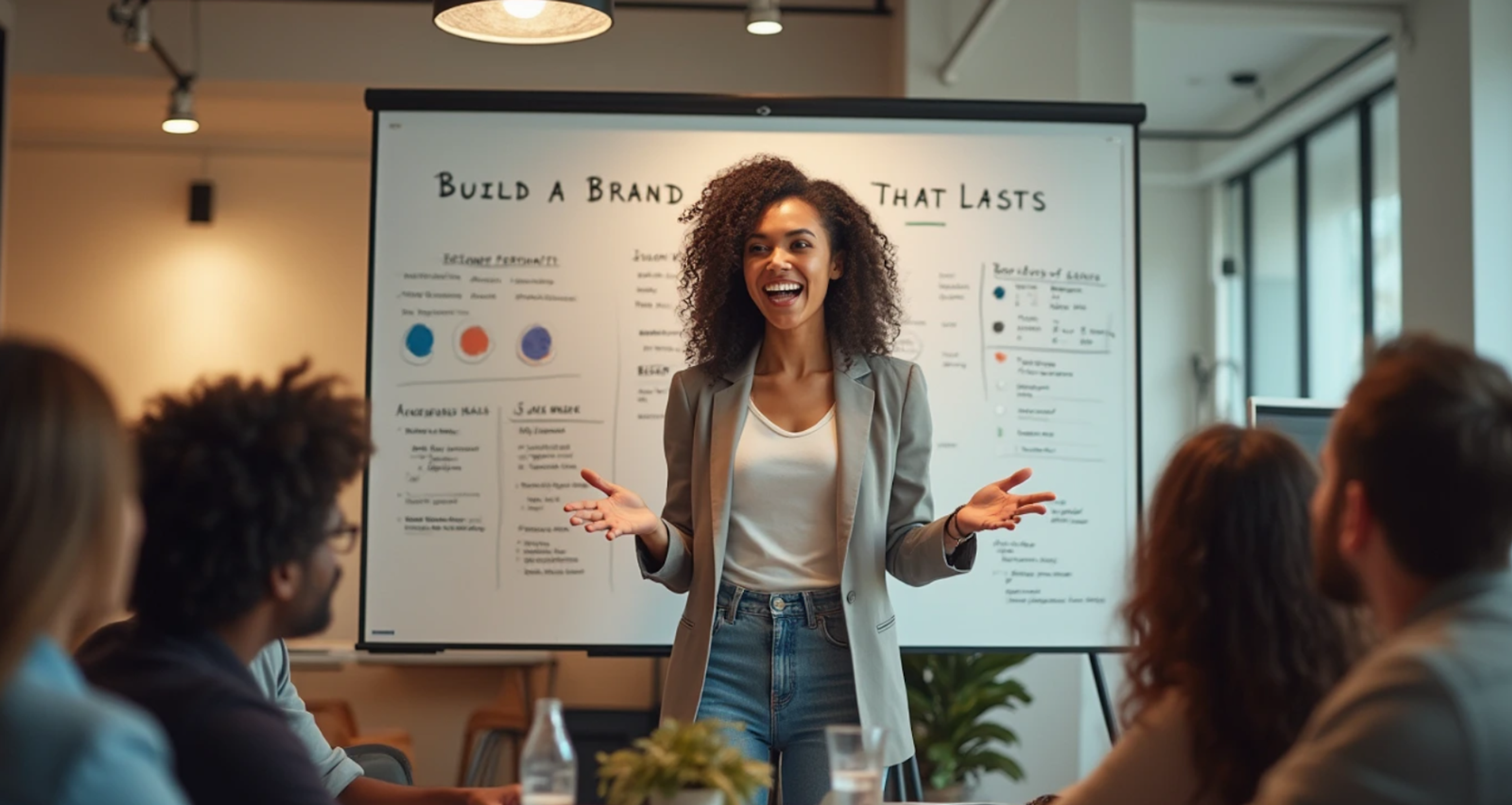 Woman presenting a 'Build a brand that lasts' whiteboard to a team