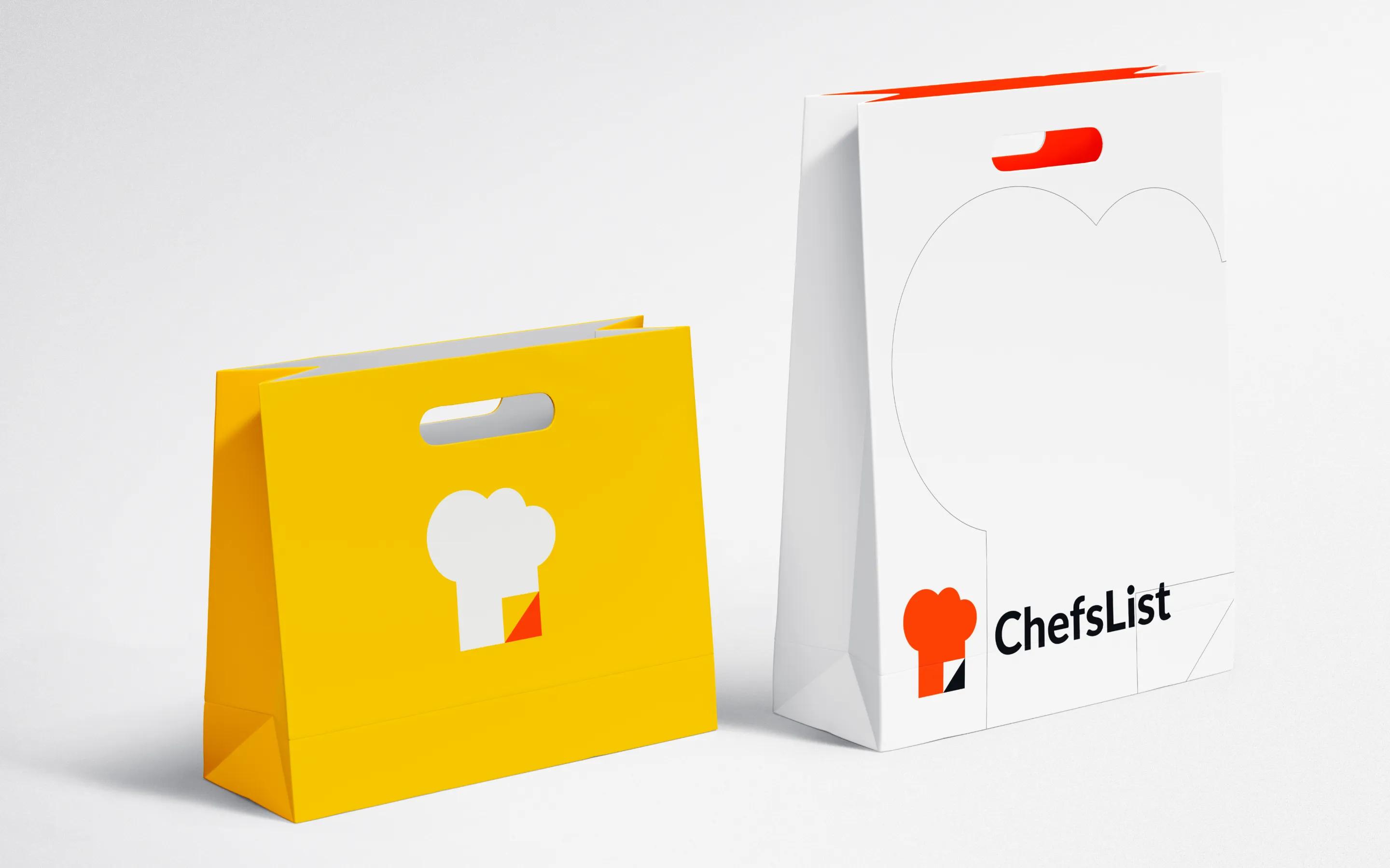 Minimalist branded paper bags for ChefsList with chef hat logo in yellow and white