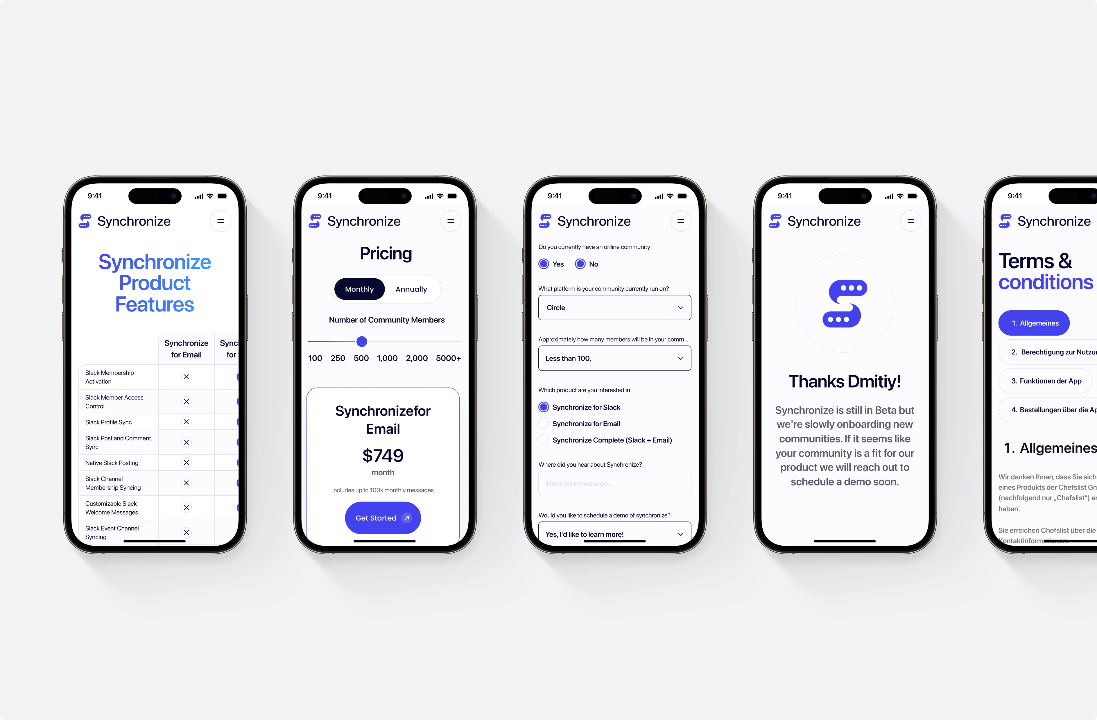 Synchronize mobile screens: product features, pricing, sign-up form, thank-you and terms pages