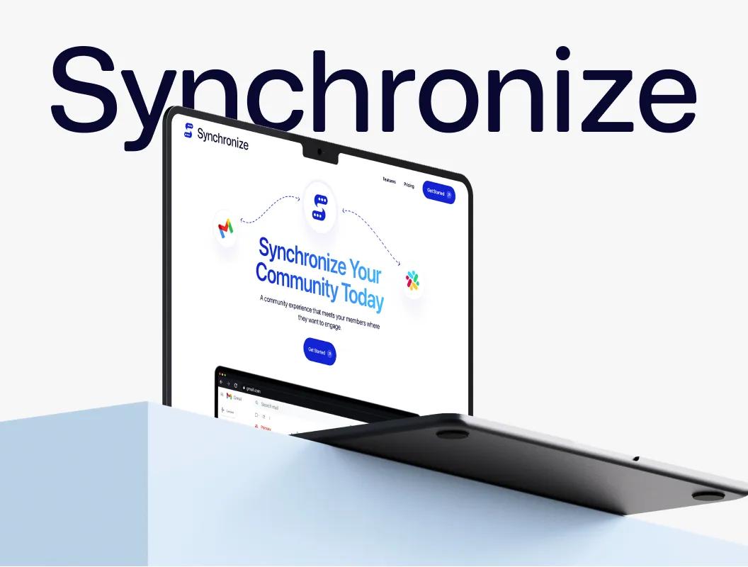 Laptop displaying creative design and development studio website with Synchronize branding and modern interface.