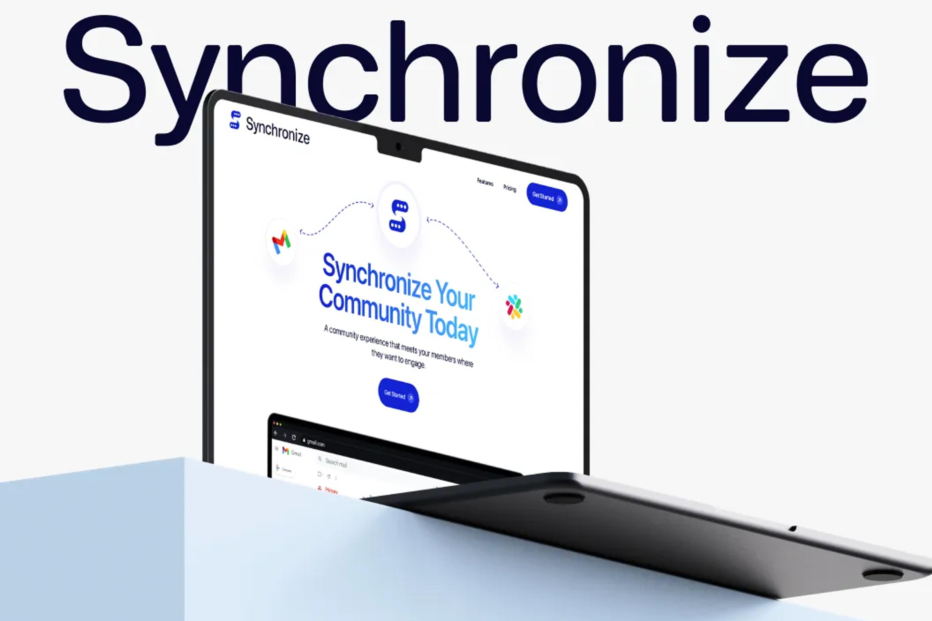 Laptop displaying creative design and development studio website with Synchronize branding and modern interface.