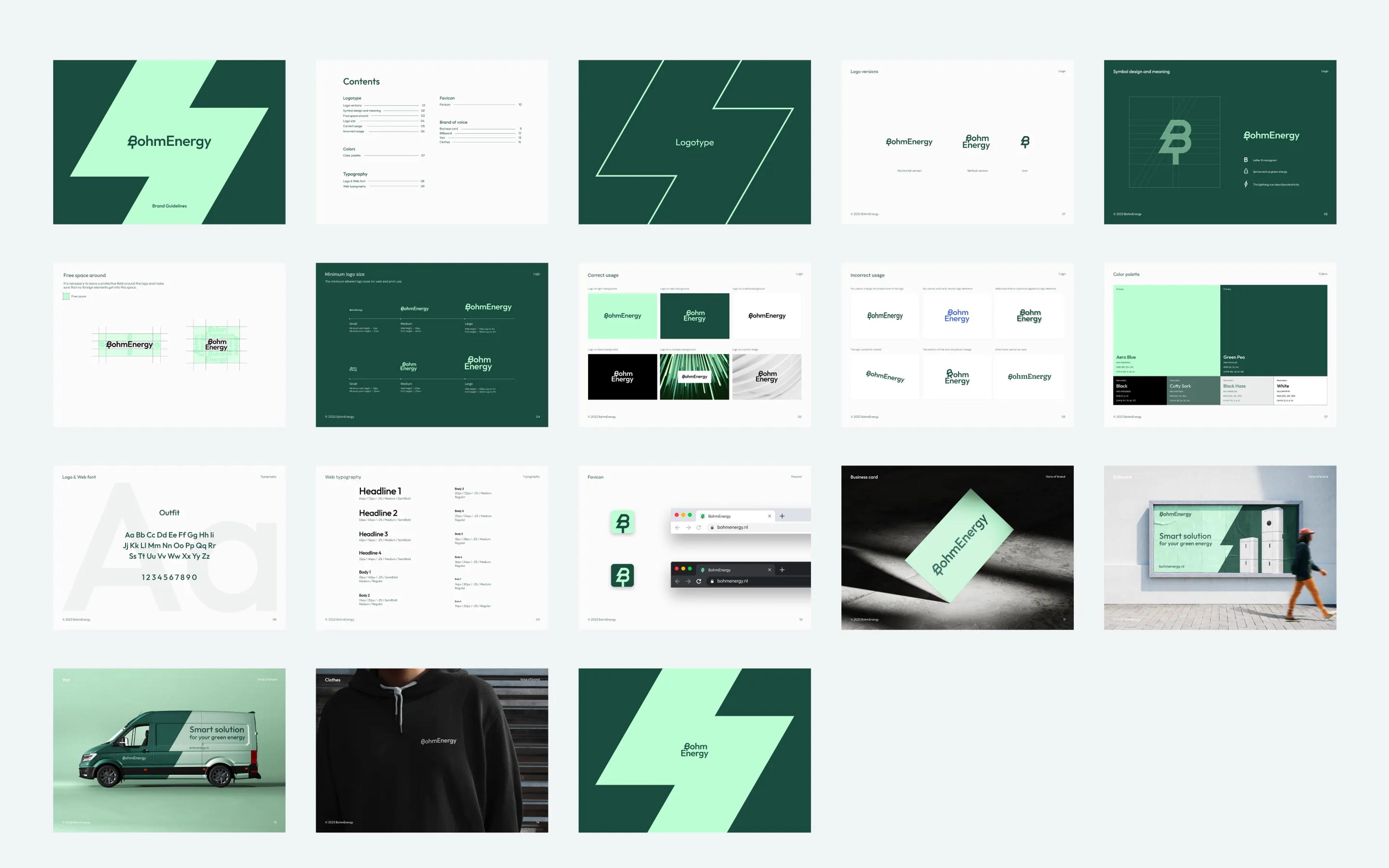 Brand identity and UI presentation for renewable energy company @ohmEnergy in green tones