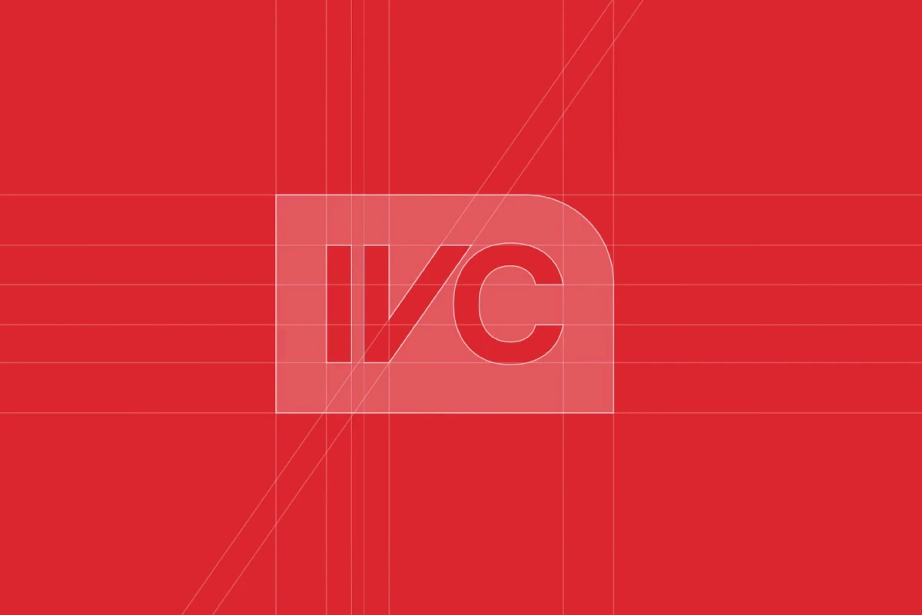 Logo construction grid of a bold red monogram "IVC" with geometric guides on a red background.